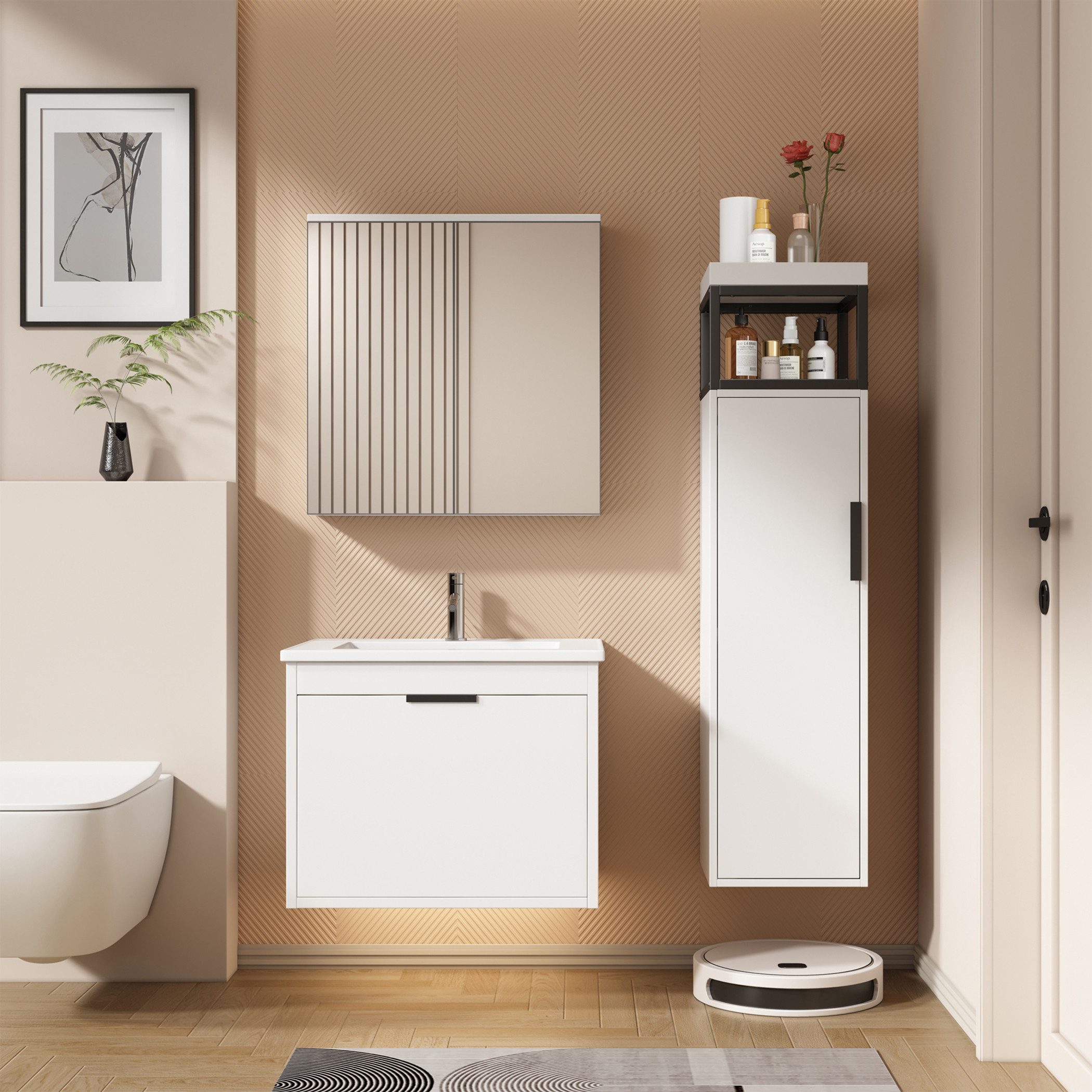 KLAM HOME Badmöbel-Set Badmöbel mit Soft-Close Spiegelschrank Waschtisch mit Becken, (Komplett-Set, 3-St), für Badezimmer