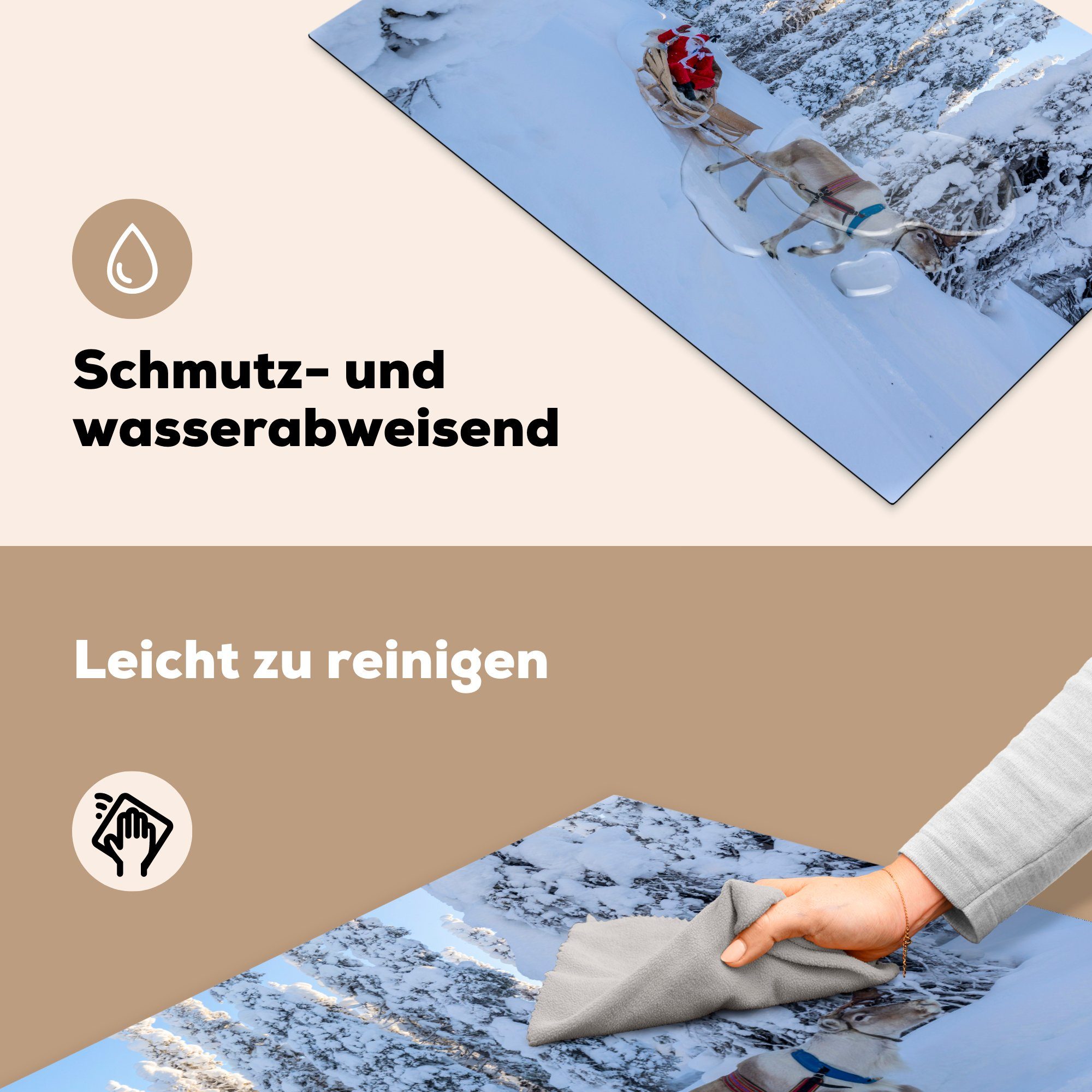 Schlitten in MuchoWow Schutz Ceranfeldabdeckung den (1 Weihnachtsmann einem cm, 81x52 die küche, ziehen Rentiere Vinyl, Herdblende-/Abdeckplatte für tlg), auf Lappland, Induktionskochfeld