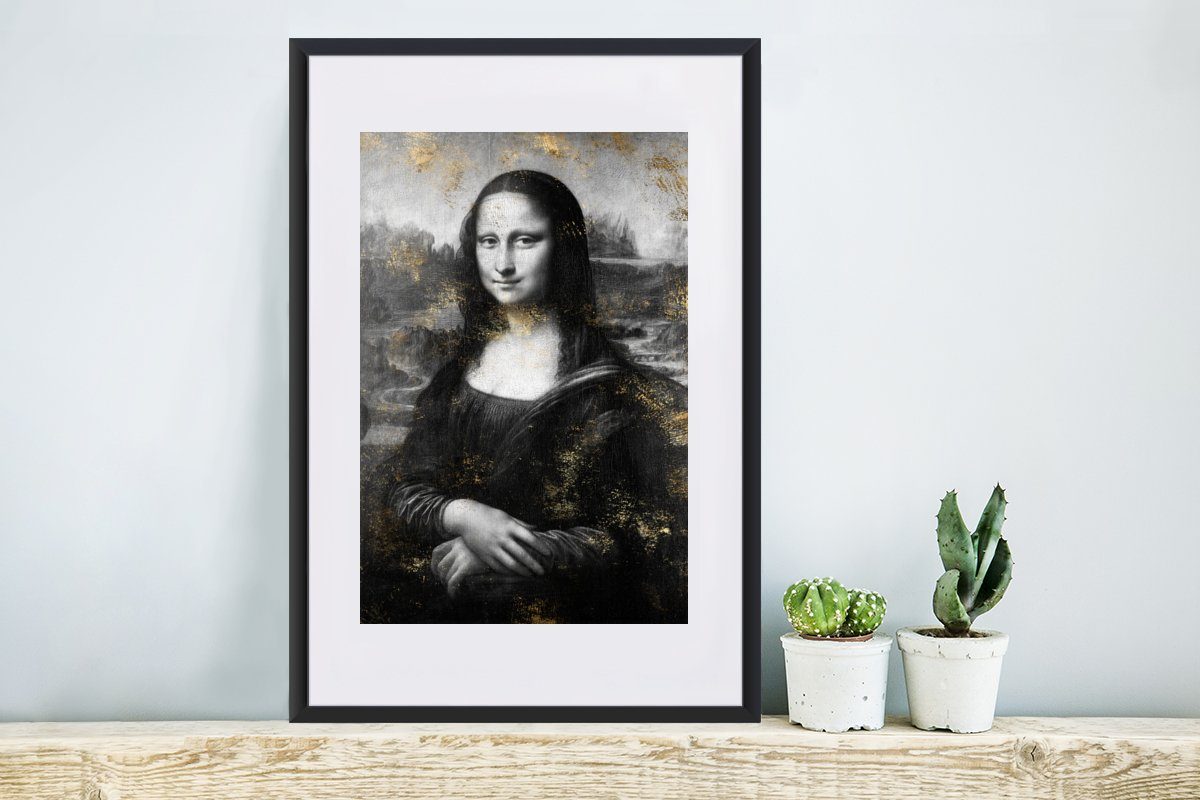 Kunstdruck, da Schwarz mit Vinci Bilderrahmen - Leonardo Schwarzem (1 Weiß, - MuchoWow Lisa - Poster, Rahmen, Mona Poster St), Gerahmtes