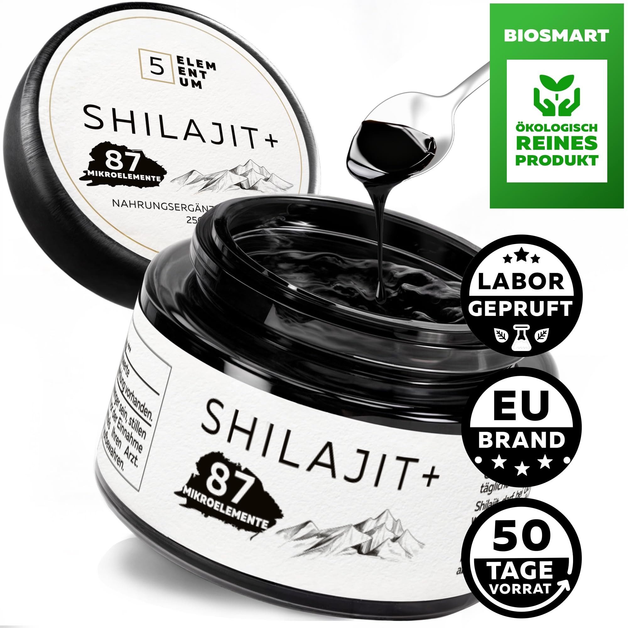 5 Elementum Shilajit Original Himalaya – 80% Fulvinsäure – 25g Mumijo Hochdosiert Tropfen, Handgeerntet von verschneiten Hängen des Himalaya auf 6.000m Höhe – Inkl. 500mg Dosierlöffel à 25 g