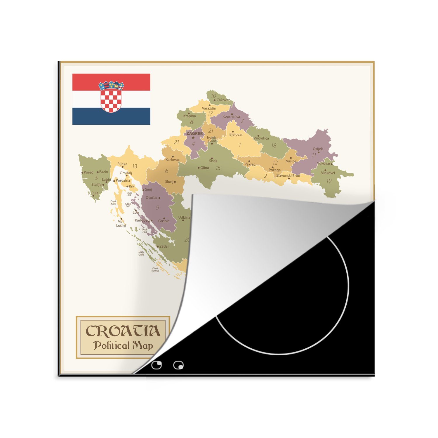 MuchoWow Herdblende-/Abdeckplatte Politische Karte von Kroatien, Vinyl, (1 tlg), 78x78 cm, Ceranfeldabdeckung, Arbeitsplatte für küche