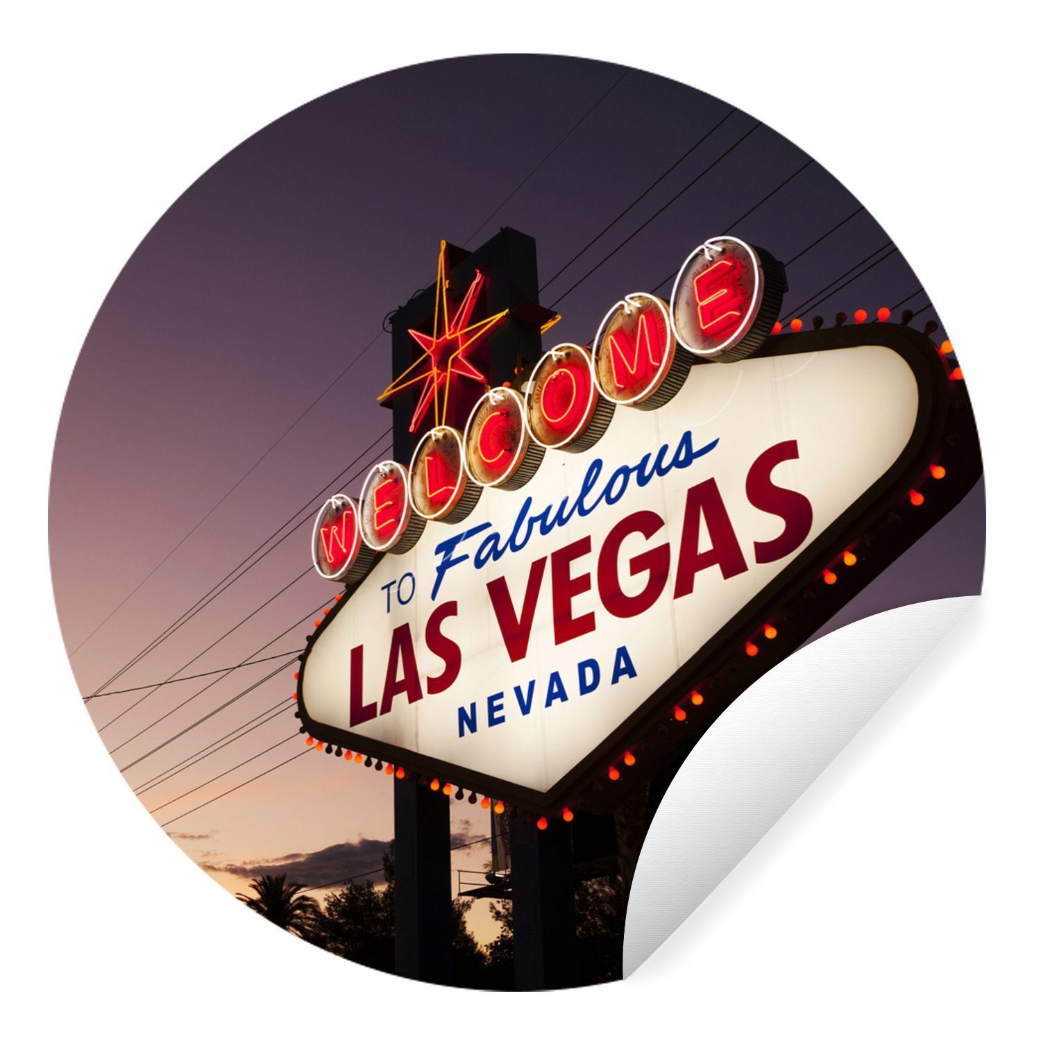 MuchoWow Wandsticker Las Vegas Willkommensschild in der Abenddämmerung - Vereinigte Staaten (1 St), Tapetenkreis für Kinderzimmer, Tapetenaufkleber, Rund, Wohnzimmer