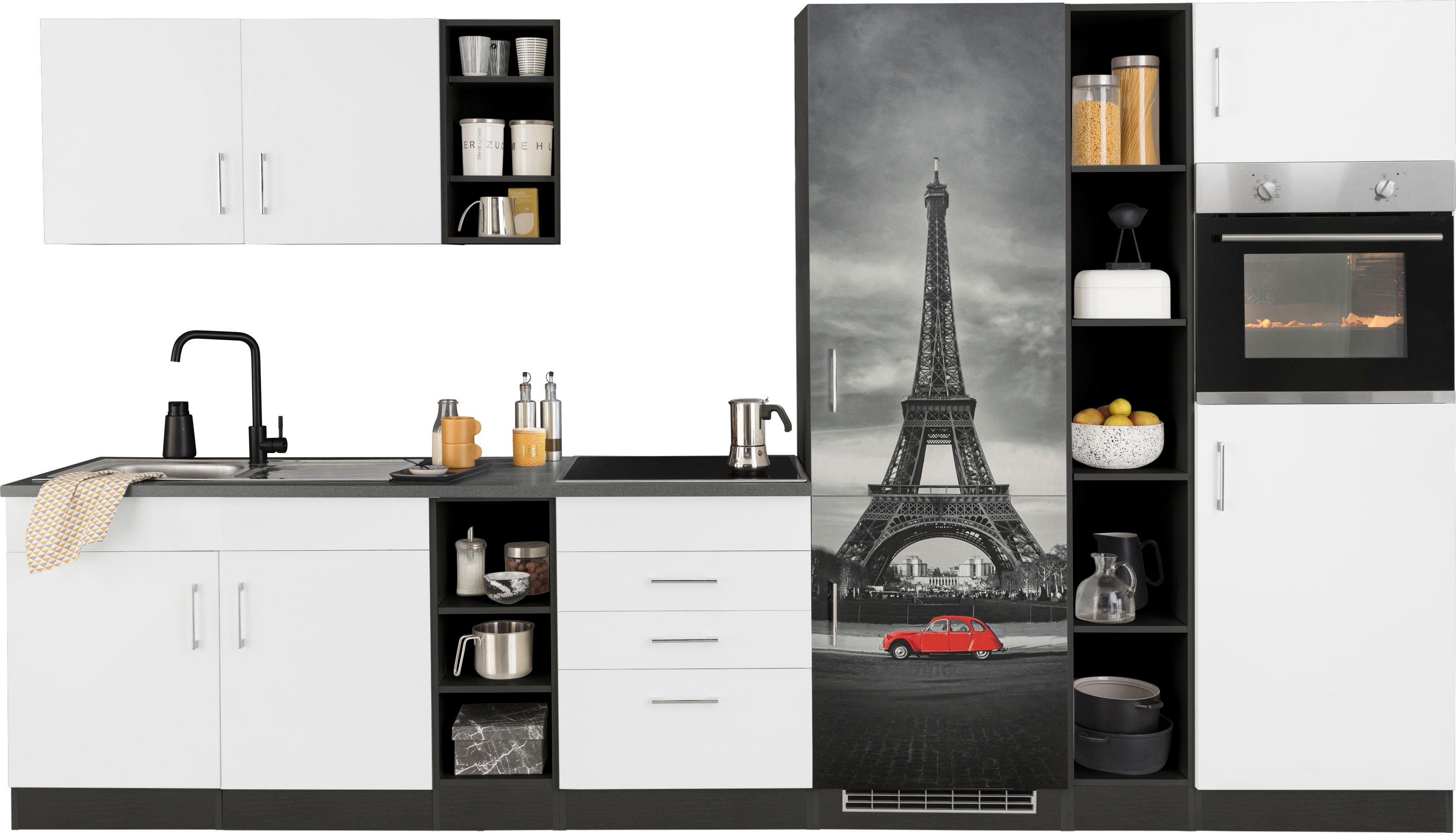 KOCHSTATION Küchenzeile KS-Paris – Küchen mit einzigartigen Fotomotiven auf den Fronten, Breite 340 cm, wahlweise mit E-Geräten und Induktion