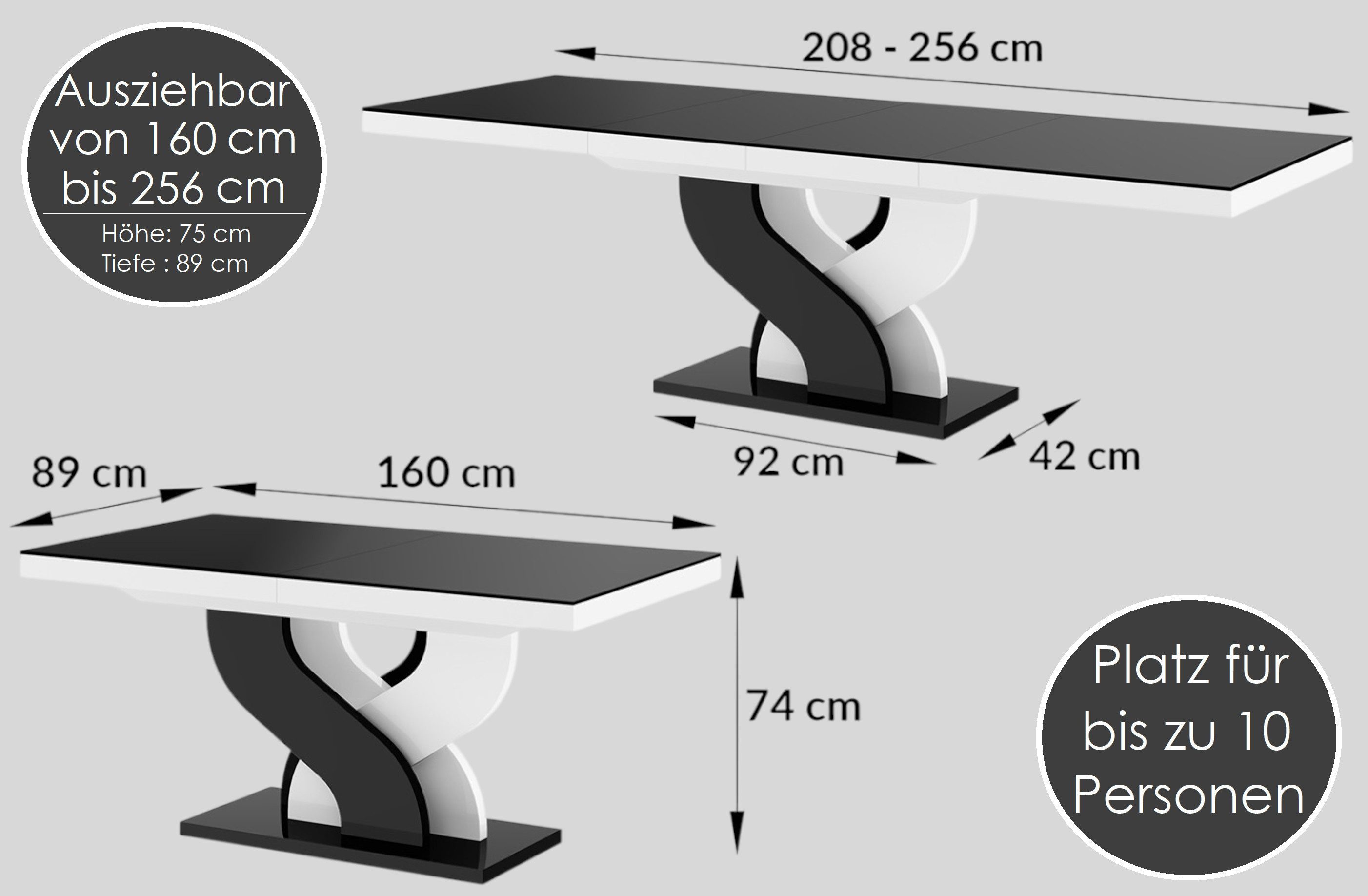 designimpex Esstisch Design Esstisch Tisch HEB-111 Hochglanz ausziehbar 160 bis 256 cm