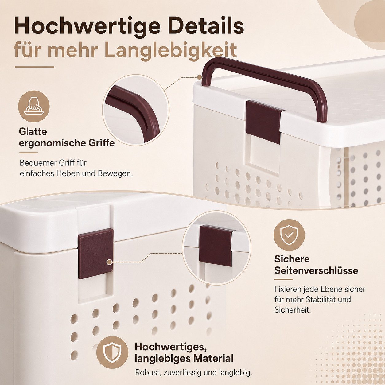 BlingBin Rollwagen Klappbarer Aufbewahrungswagen mit 4 Körben, Rollen und Ablage, (Ordnungswagen, 1 St., 1tlg), Küchenwagen, Beistellwagen, PP Kunststoff, Creme – Bild 4 von 5