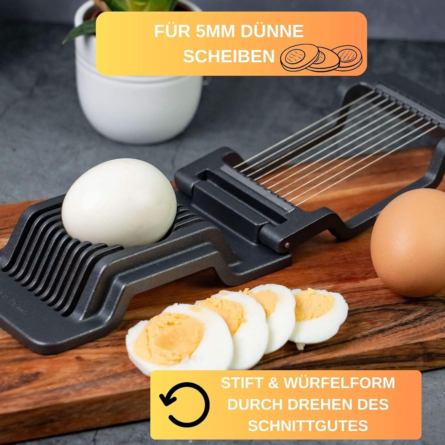 Thiru Eierschneider Eierteiler - Mehrzweck mit Edelstahl Schneiddrähten für Eiergröße S-L, Edelstahl Schneiddrähte, Eiergröße S-L, Rezept E-Book, Made in Germany