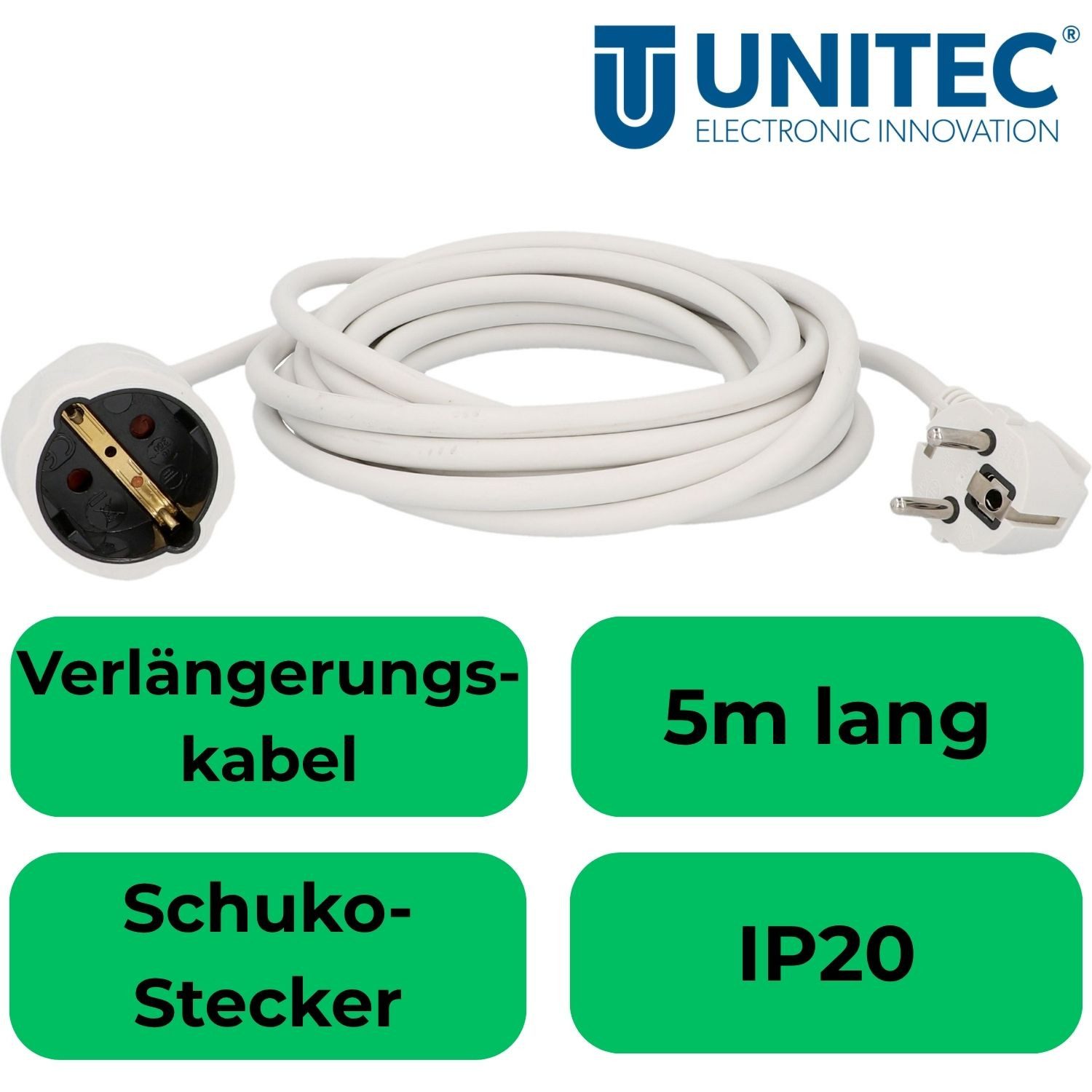 UNITEC Schuko Verlängerungskabel 5m Weiß IP20 Innen Steckdosenverteiler 1-fach (5m Kabel, IP20, Schutzkontaktkupplung, Schutzkontaktstecker, Kabellänge 5 m), Strom-Verlängerung Stromkabel Kabel Schuko-Stecker Schuko-Kupplung