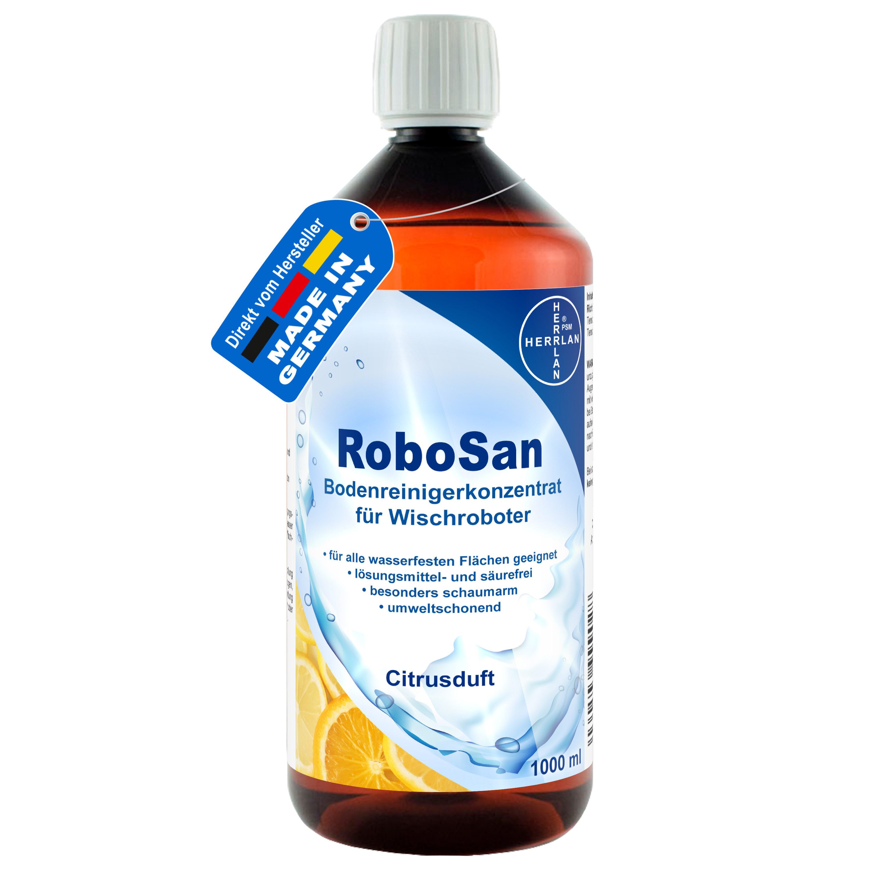 HERRLAN Wischroboter Bodenreiniger - Konzentrat Fussbodenreiniger (1000 ml RoboSan mit Citrus-Duft)