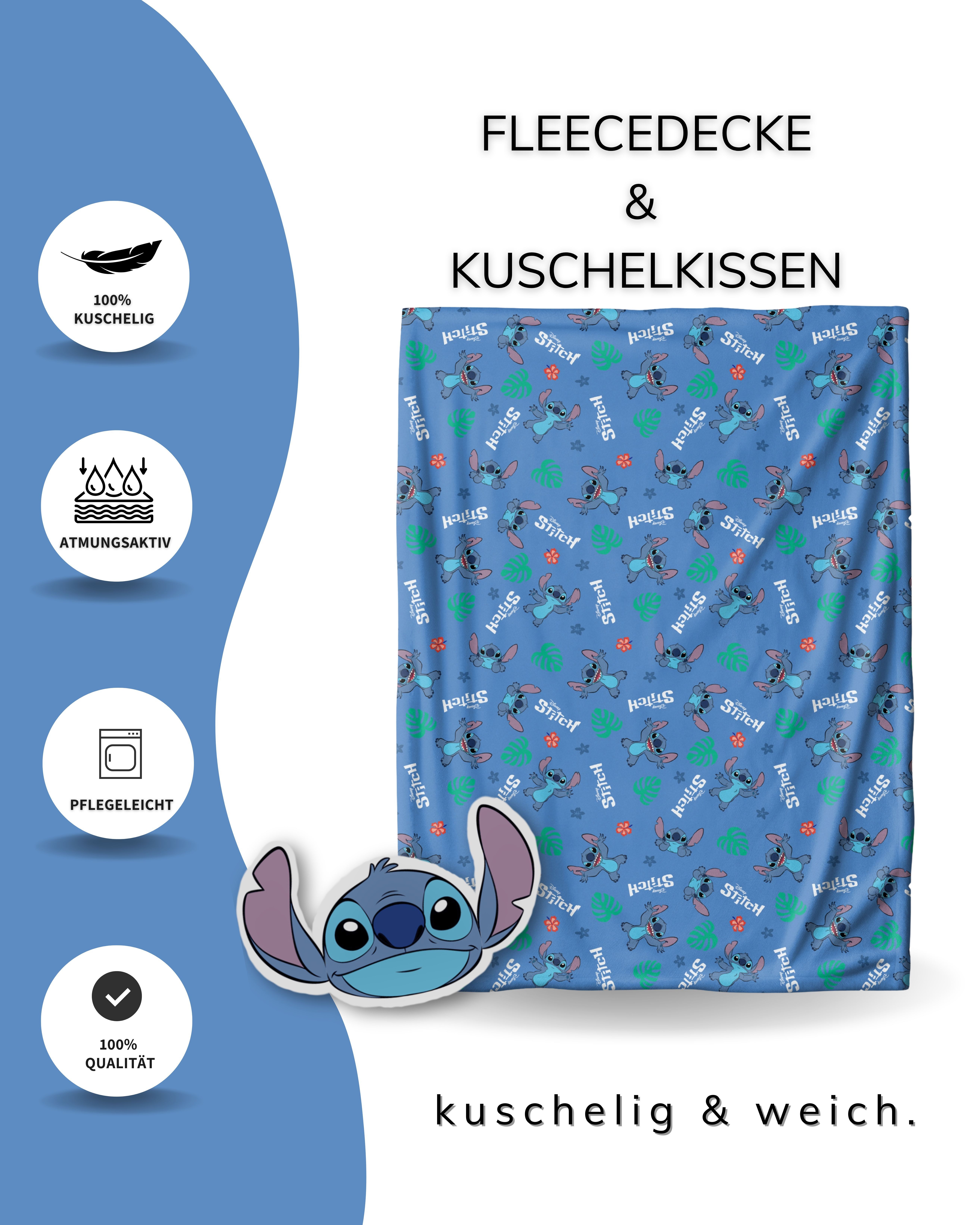 Kinderdecke Lilo & Stitch Fleece Set, Kuscheldecke und Kissen, Disney, MTOnlinehandel, Geschenkidee für Mädchen und Jungen blau/ Violett