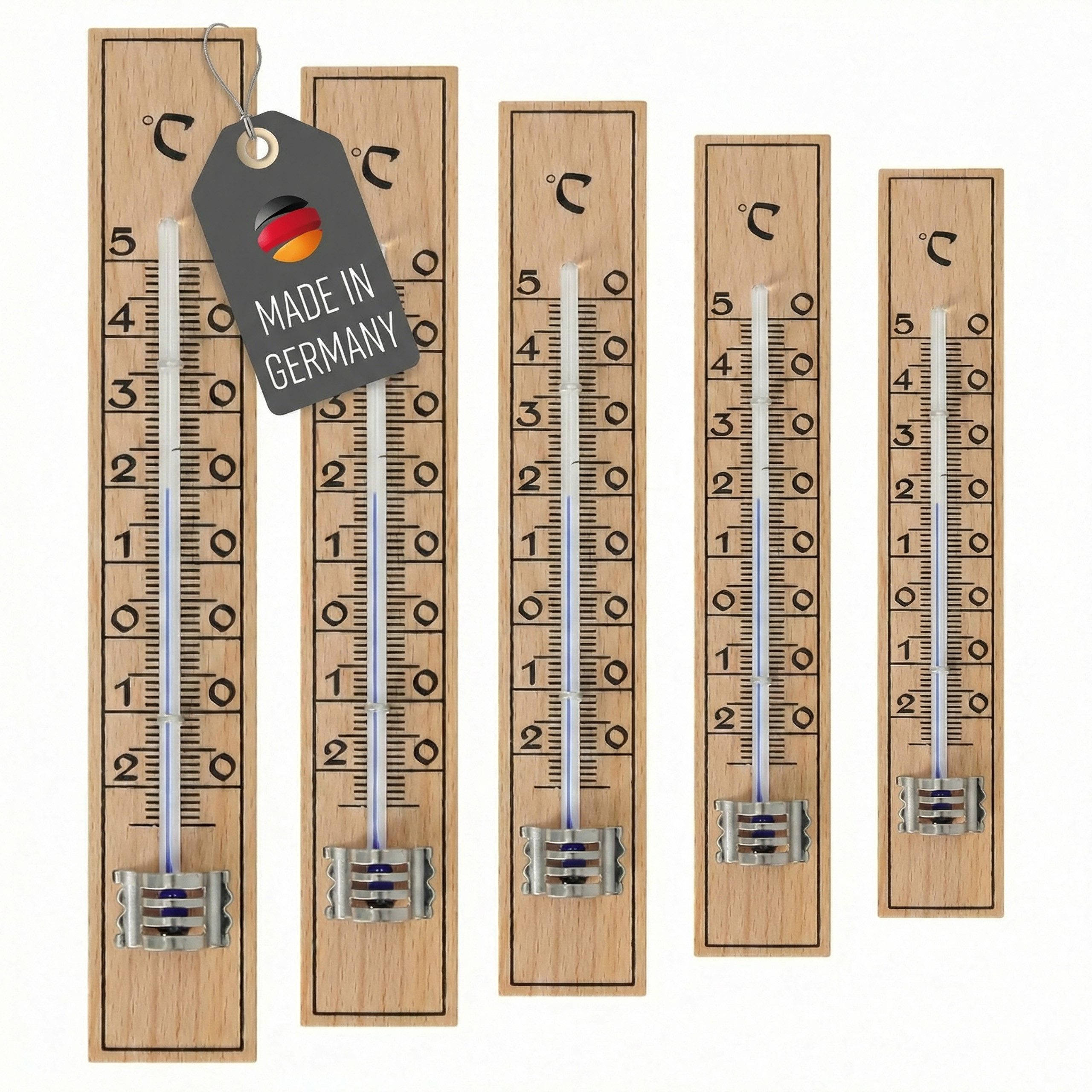 Lantelme Raumthermometer 5 Stück Holzthermometer Set Außenthermometer, 5-tlg., Holzthermometer Auswahl 3 oder 5 Stück Set, Deutsche Herstellung, Temperaturanzeige -25 bis 50°C Analog, 17cm Lang