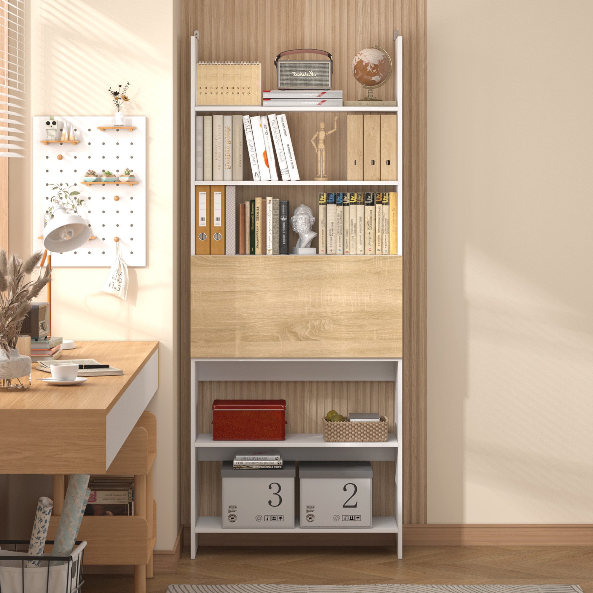 FUFU&GAGA Schreibtisch 80x 30x 198 cm, Weiß + Eichenholz, MDF günstig online kaufen