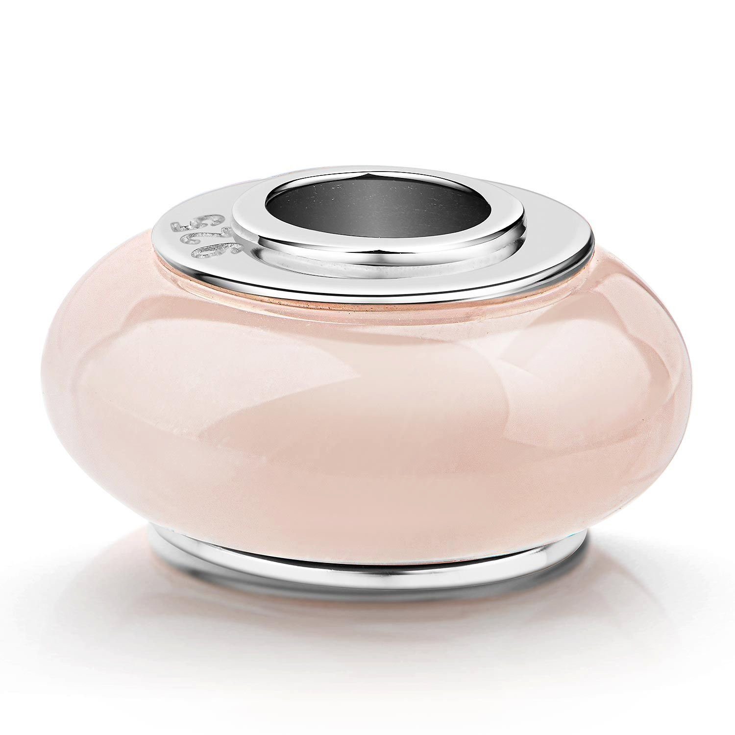 Materia Bead Naturstein Edelstein Rosenquarz Rosa Creme 303, Hülse aus 925 Sterling Silber