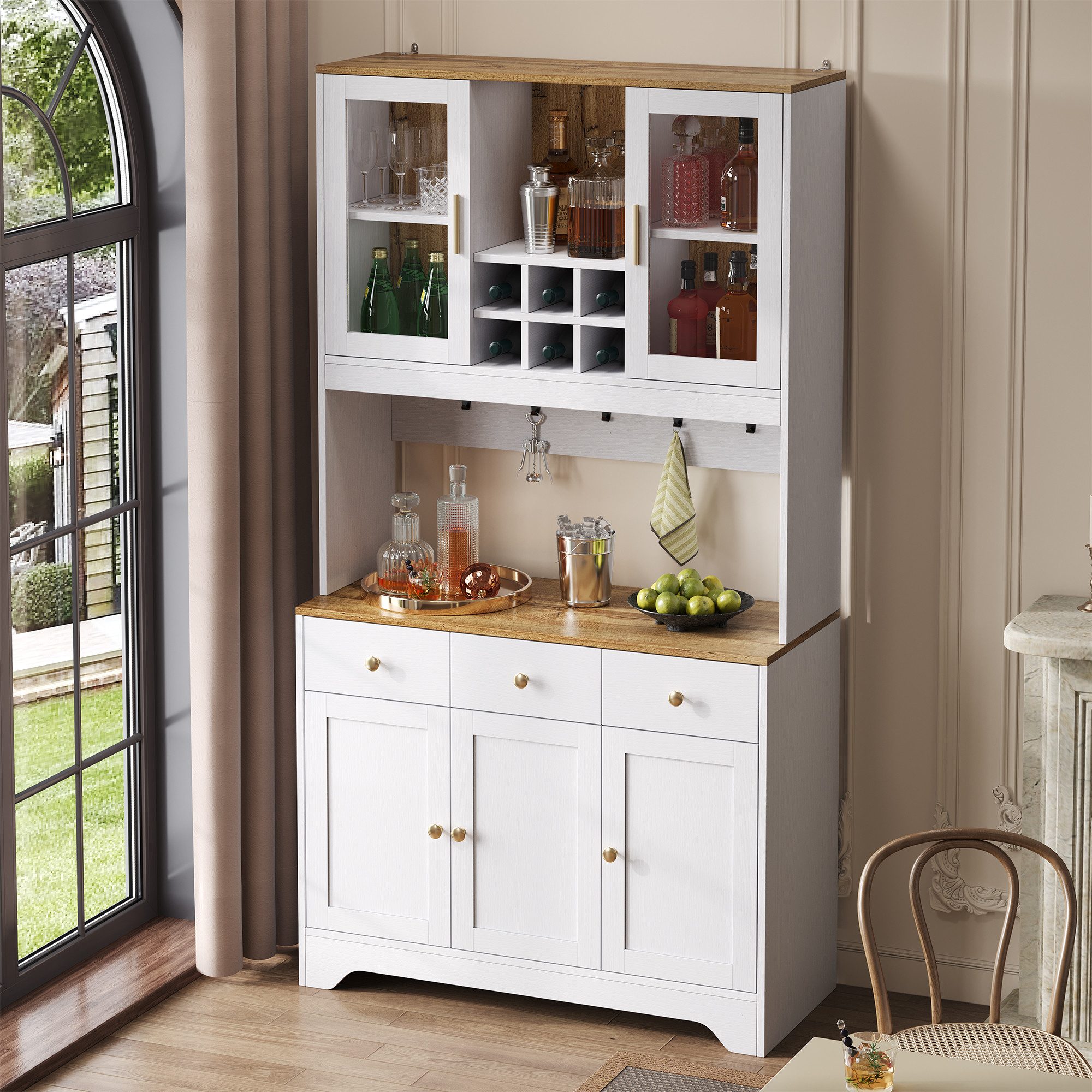 Odikalo Küchenbuffet Küchenschrank Hochschrank Sideboard mit Weinregal (Sideboard, Hochschrank in weißer Holzmaserung, 94,5 x 30 x 175,5 cm, für Wohn- und Esszi – Bild 2 von 5
