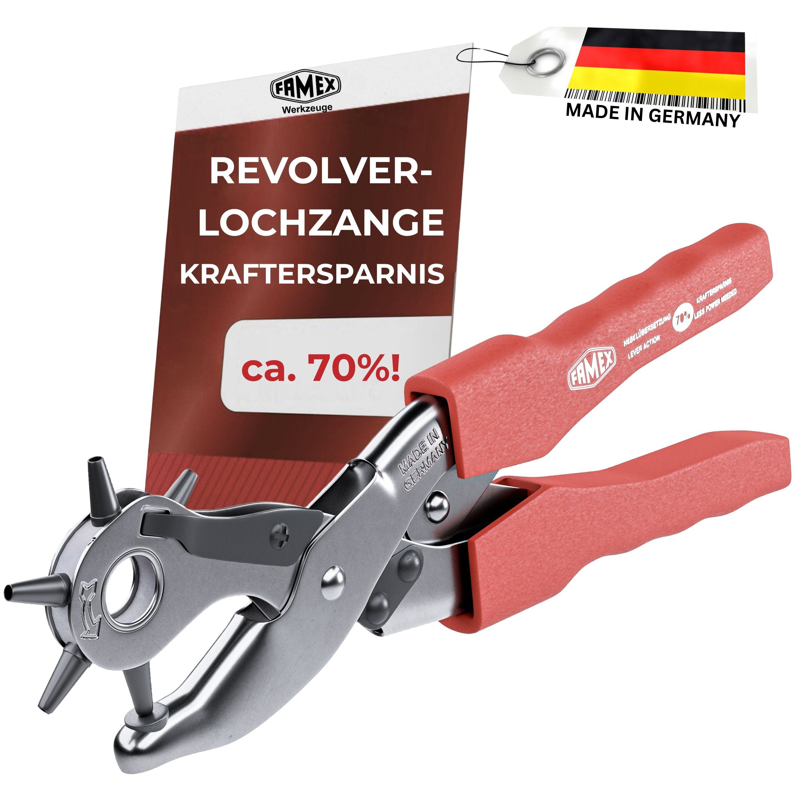 FAMEX Revolverlochzange 3519 Profi Lochzange mit ca. 70 % Hebelübersetzung, Made in Germany 1-tlg., Made in Germany, für Leder, Gürtel uvm.