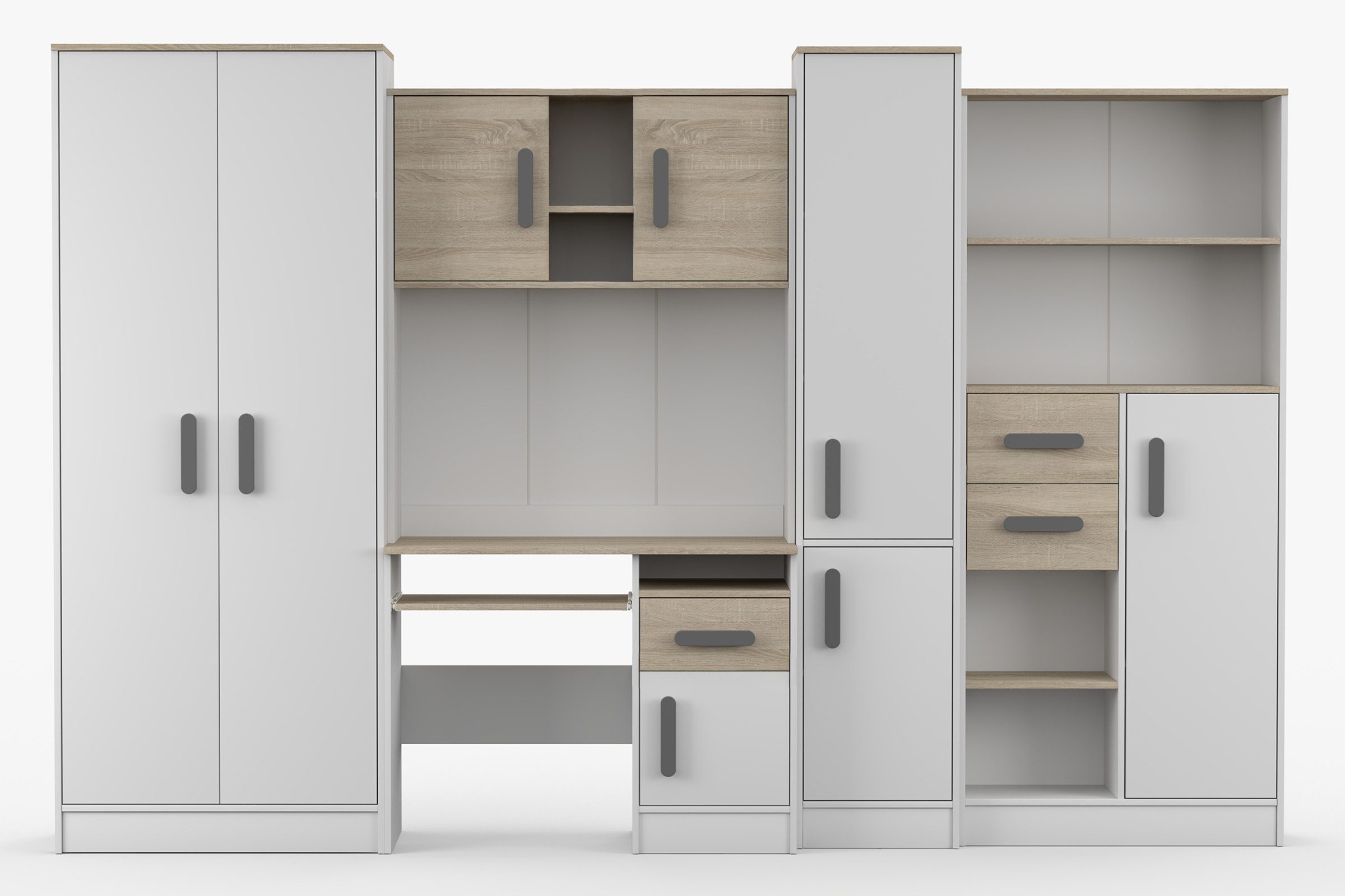 Deine Möbel 24 Jugendzimmer-Set MIKI Jugend-Schrankwand Jugendzimmer Jugendmöbel 5-teilig in Weiß, (Set, 5-tlg., 5-teiliges Möbelset für das Jugendzimmer), Schreibtisch, Schreibtisch Aufsatz, 2x Regal, Schrank