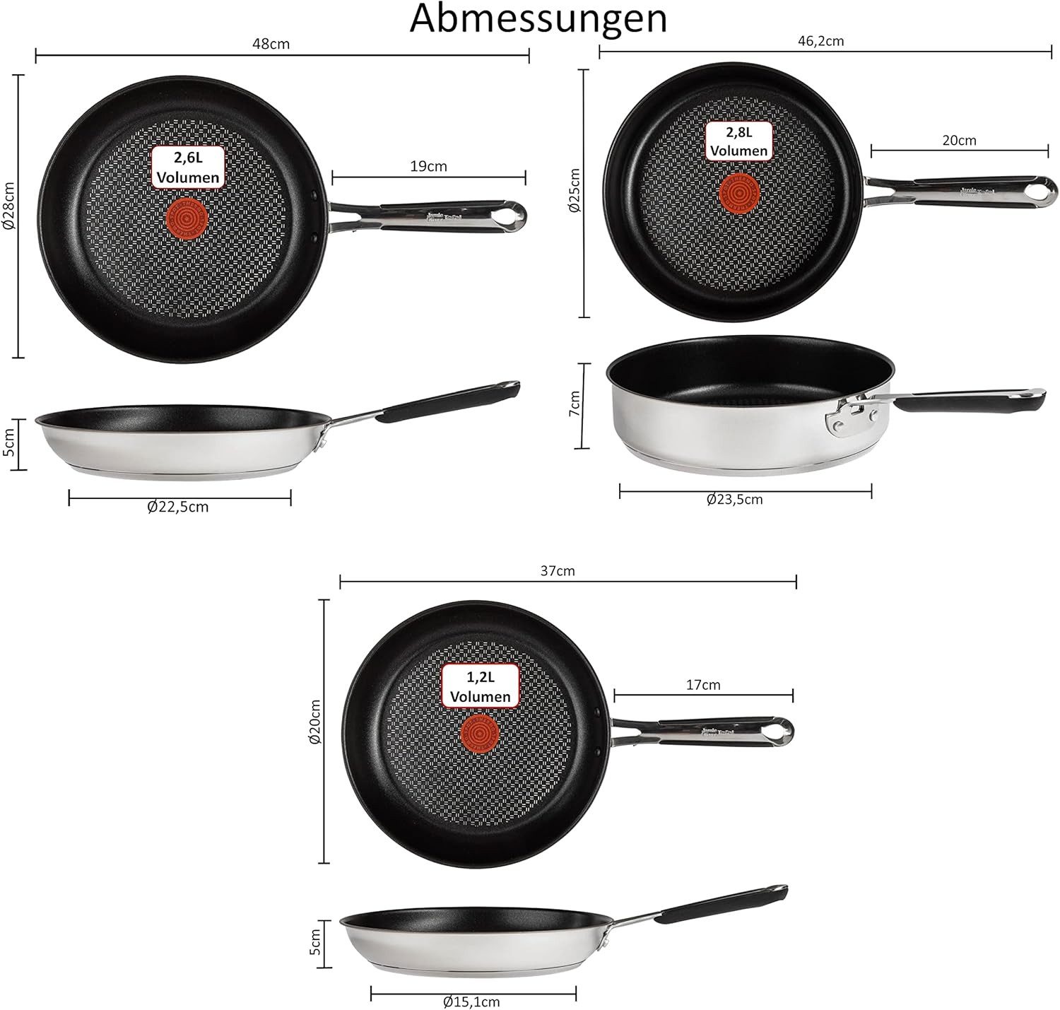 Tefal Pfannen-Set Jamie Oliver E76 Pfannenset 20,28cm + Schmorpfanne mit Deckel 25cm, Edelstahl 18/10 (Pfanne, Bratpfannen Set, Pfannenset, Schmorpfanne, Pfannen + 1 Wender & Schoner Antihaftbeschichtet Pfannenset mit Deckel), Antihaftbeschichtet