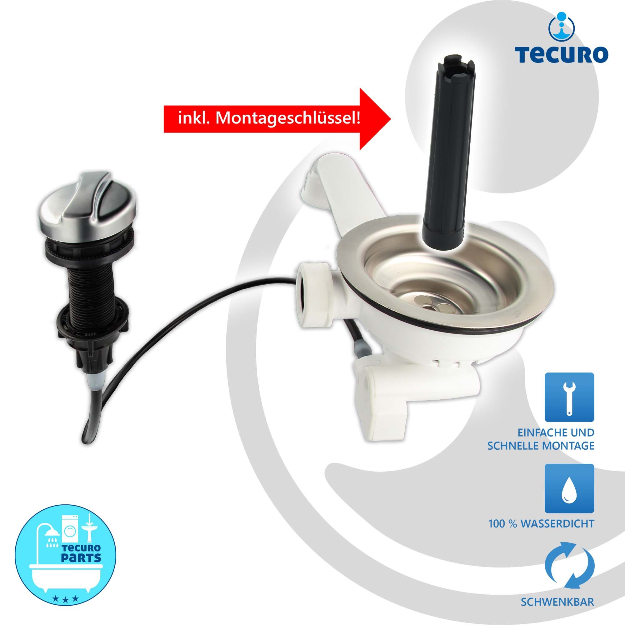 tecuro Siphon 3 1/2 Zoll Spülen-Siebkorbventil mit Seil-Drehbetätigung – Bild 4 von 5