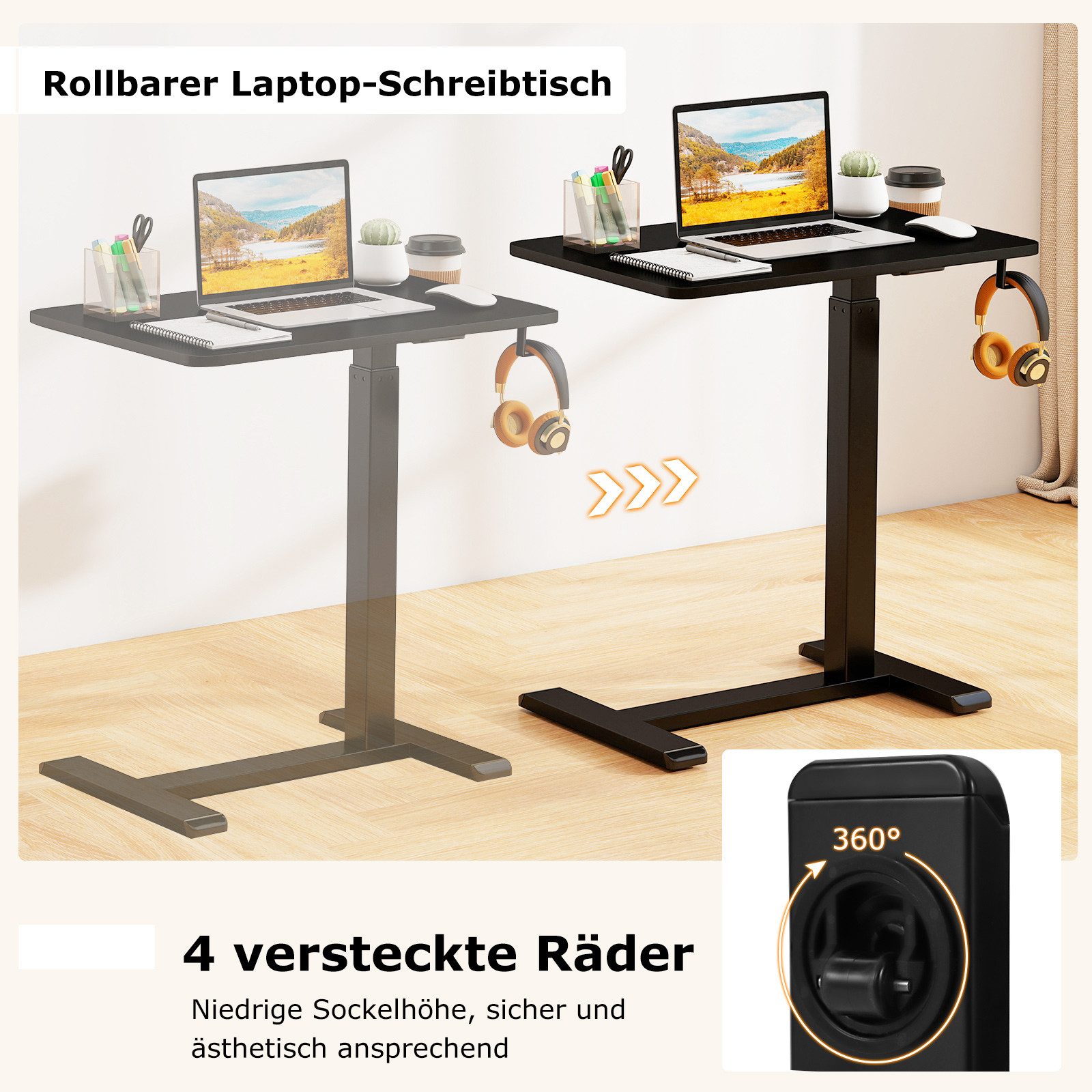 COSTWAY Laptoptisch, Beistelltisch für Bett mit Rollen, höhenverstellbar