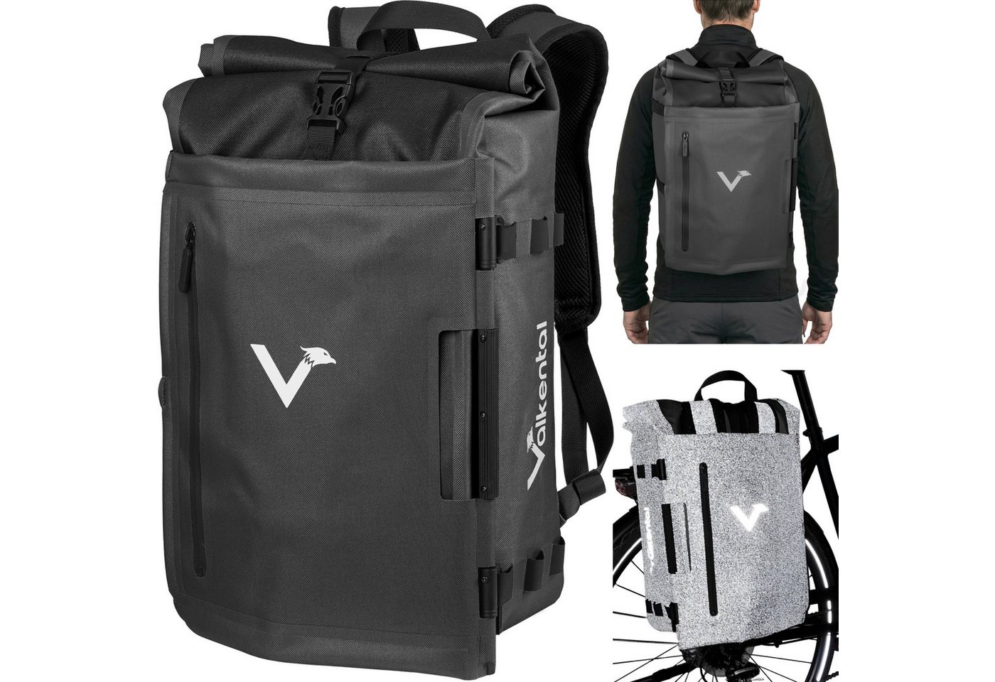 Valkental Fahrradtasche TrailX 2in1 Gepäckträgertasche & Rucksack (28L, Laptopfach, Rückenpolster), wasserdicht & reflektierend