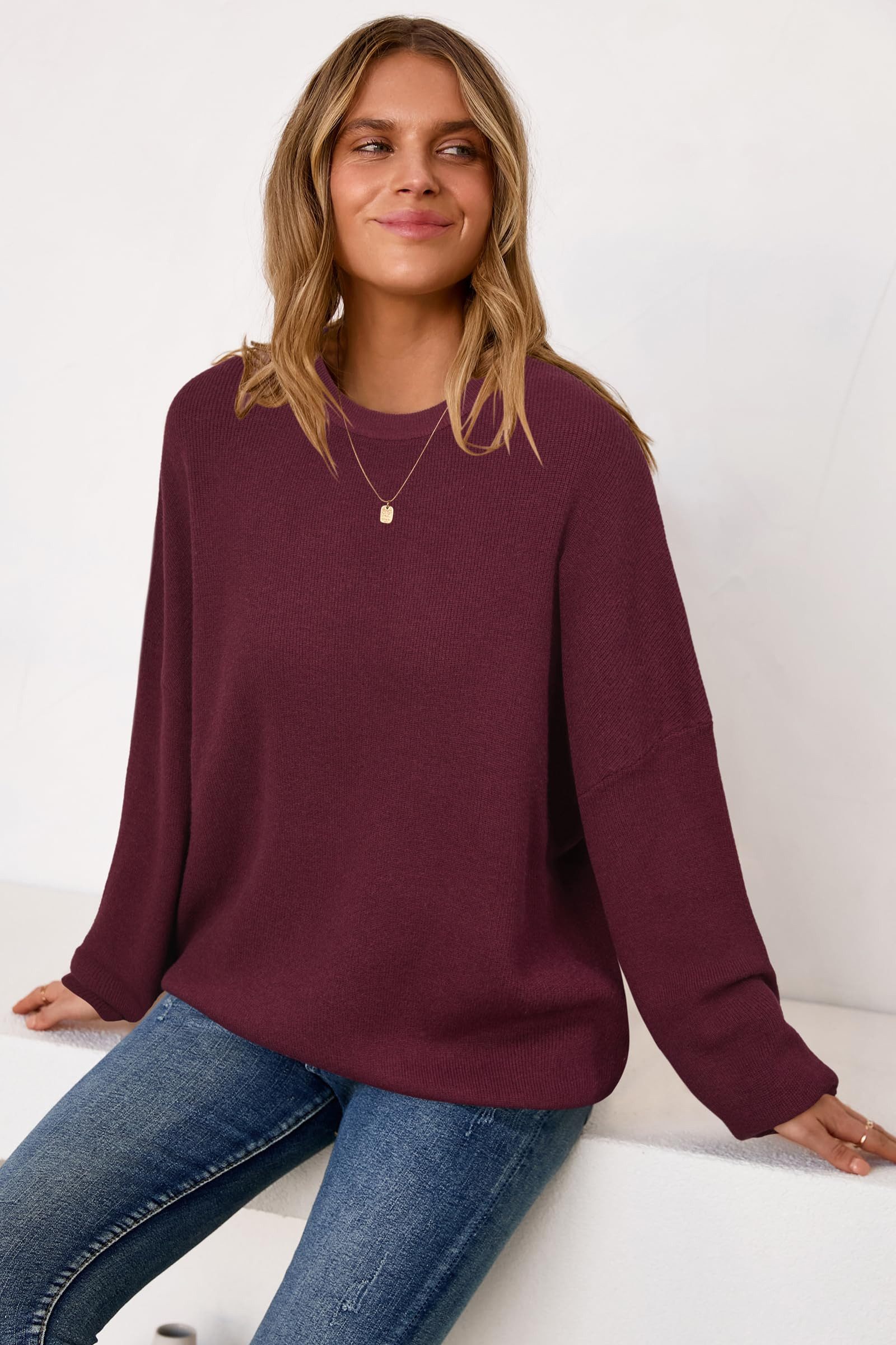 Arach&Cloz Strickpullover Damen Pullover Langarm Wolle Blend Rundhalsausschnitt Strickpullover Oversized Oberteile Strick Tops