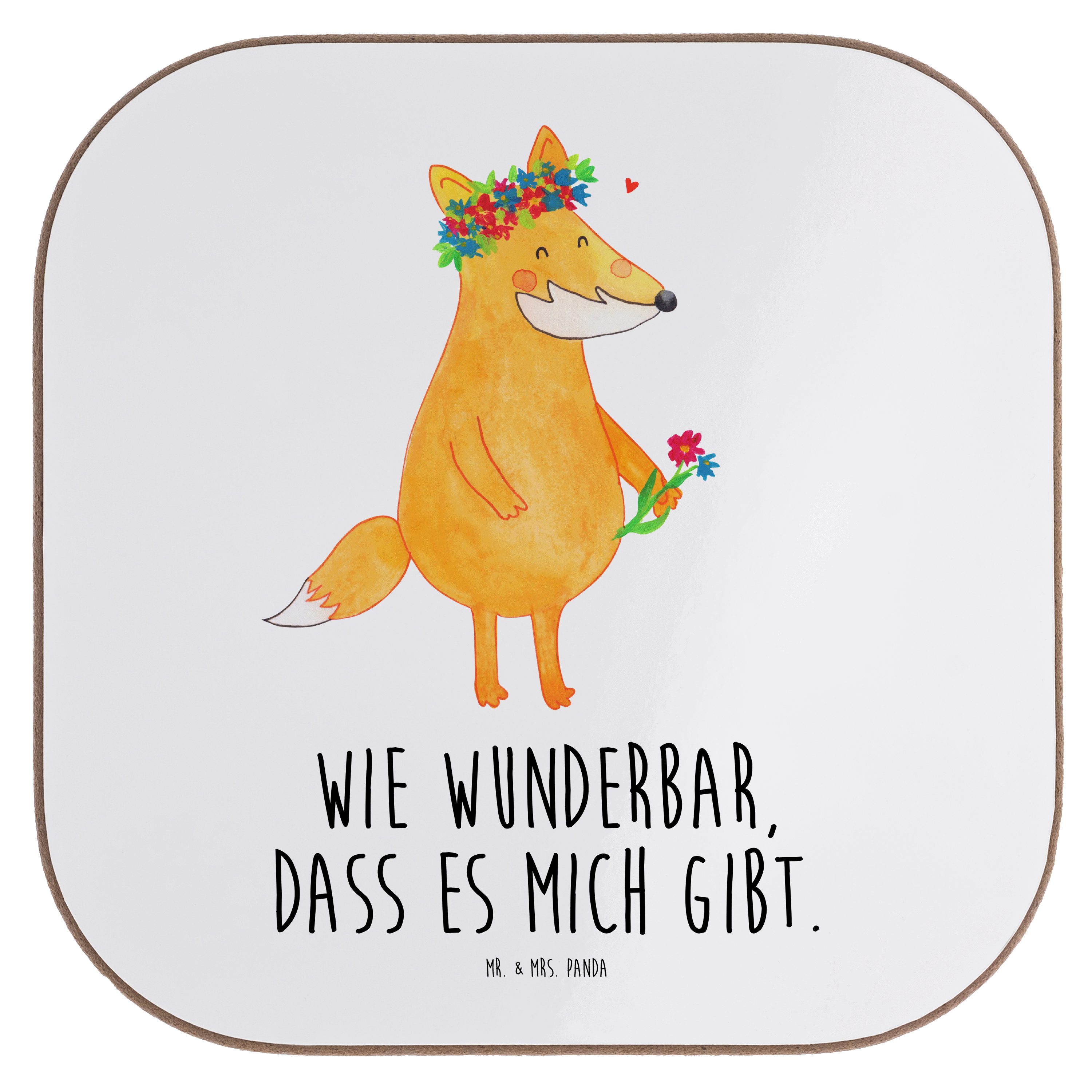 Mr. & Mrs. Panda Getränkeuntersetzer Fuchs Blumenliebe - Weiß - Geschenk, Getränkeuntersetzer, Glasunterse, 1-tlg.