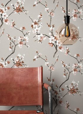 Newroom Vliestapete, Grau Tapete Floral Blumen - Blumentapete Romantisch Modern Blätter Zweige für Wohnzimmer Schlafzimmer Flur