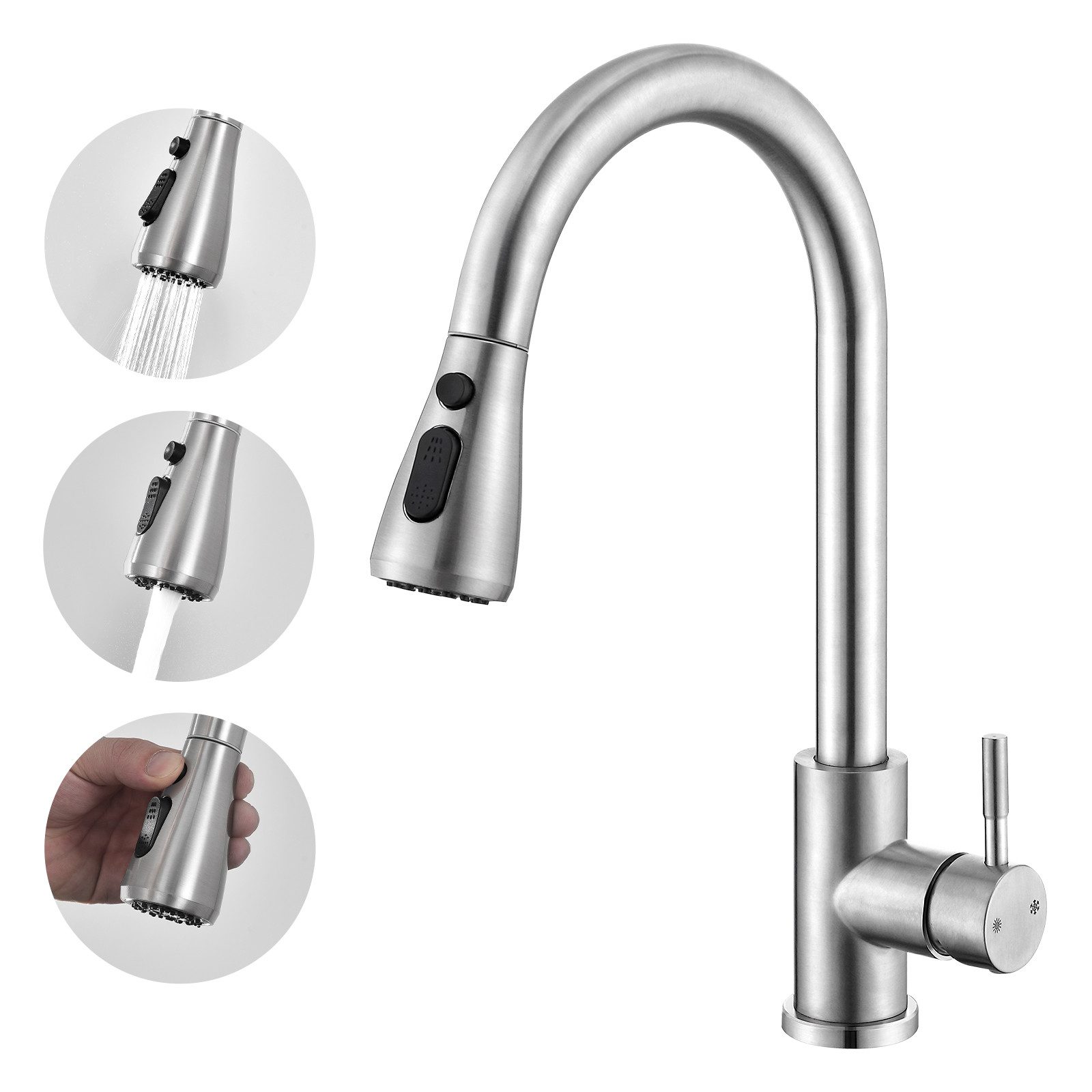 HOMELODY Spültischarmatur Hochdruck Wasserhahn Küche 360° Küchenarmatur mit Ausziehbarer (Mischbatterie, versenkbare Armatur) Mischbatterie mit Dual-Spülbrause Gebürstet