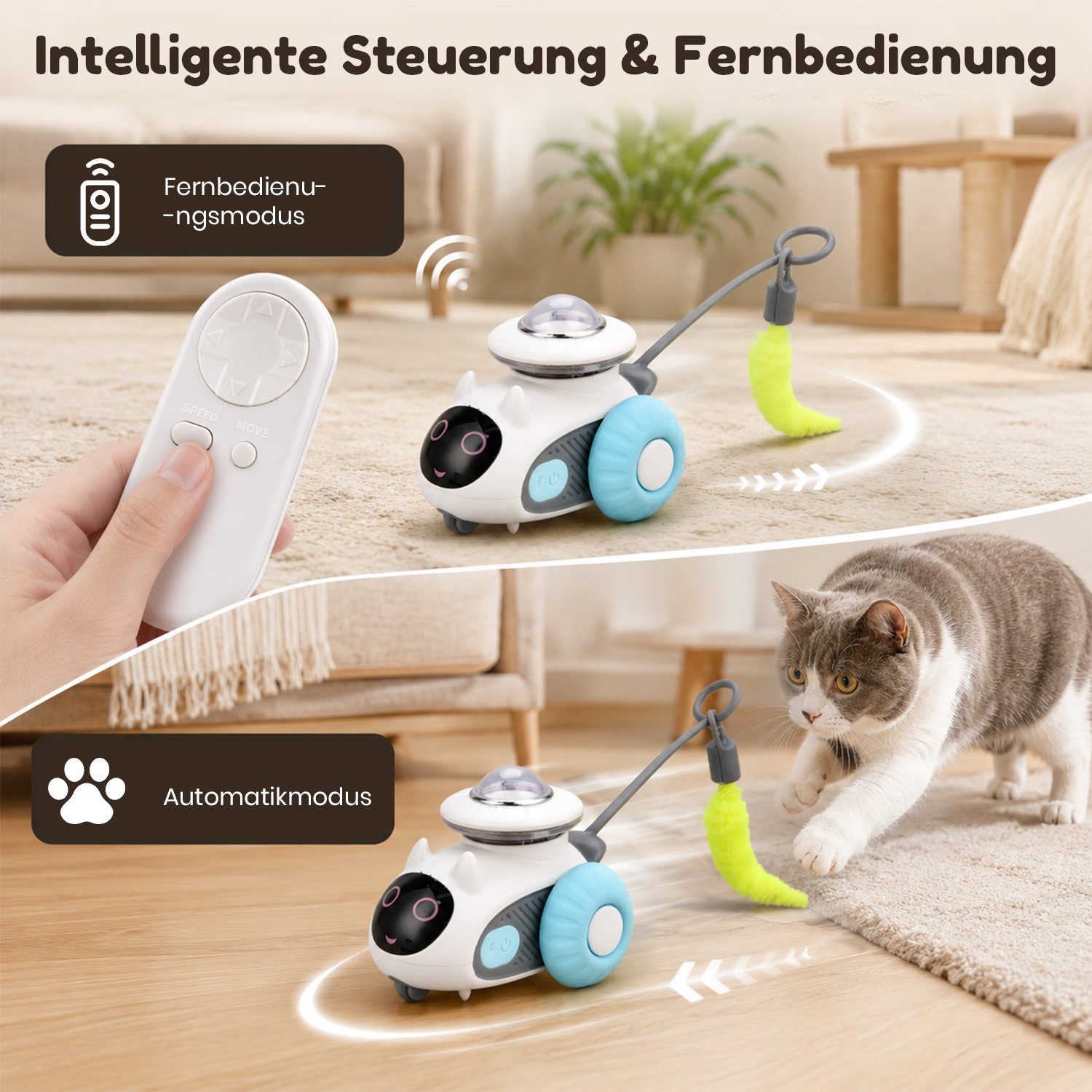 CkeyiN Pro Tier-Intelligenzspielzeug Katzenspielzeug,Interaktives Elektrisches Katzenspielzeug,Abnehmbar, Berührungsaktivierung,Standby-Modus/Hindernisvermeidung