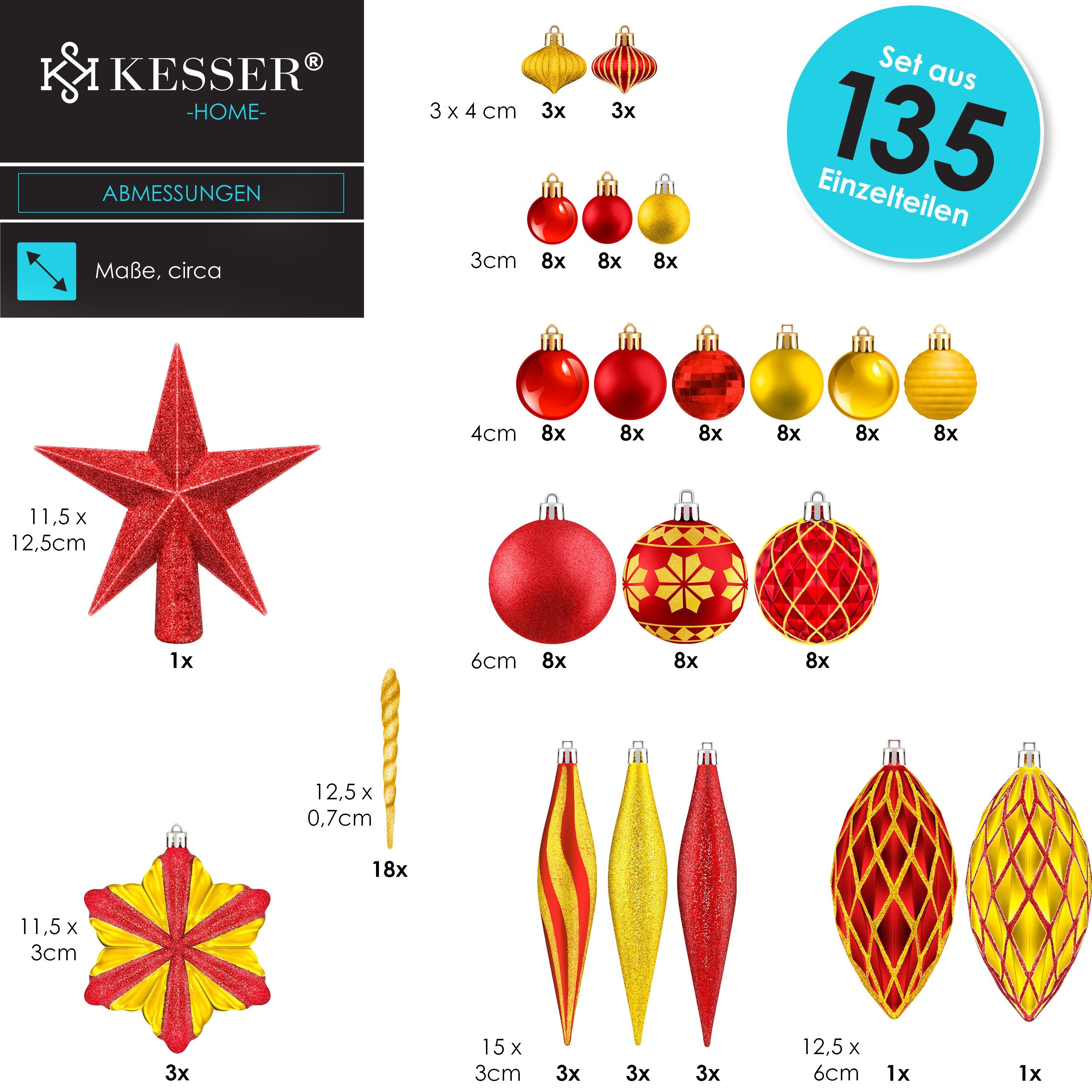 KESSER Christbaumschmuck (135-tlg), Weihnachtskugeln Set Christbaumkugeln gold rot Baumspitze / 105-teiliges