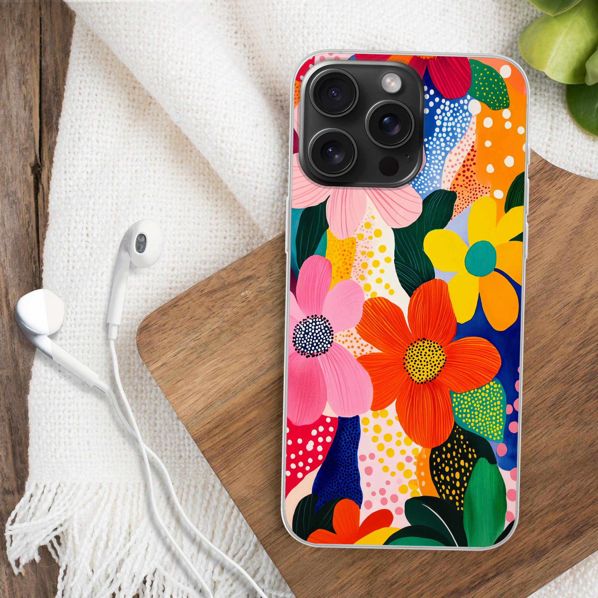 MuchoWow Handyhülle für Apple iPhone 15 Pro Max Blumen - Bunt - Tupfen, Smartphone-Bumper, Print, Handy Schutzhülle Dünn