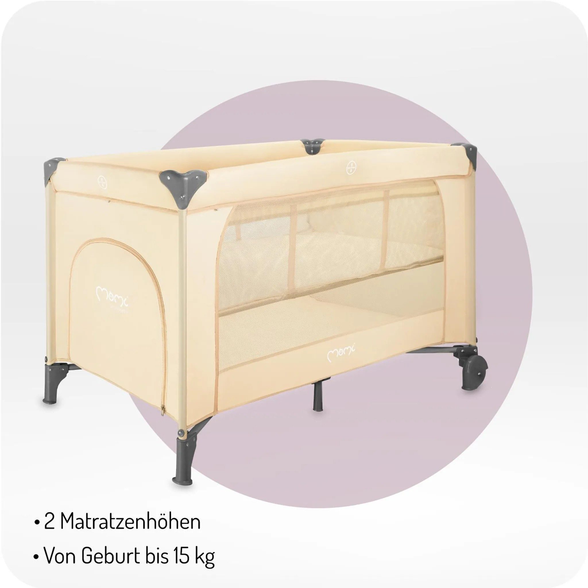 MoMi Baby-Reisebett BELOVE PLUS Babyreisebett mit Matratze, Spielbogen, Wickeltisch, Beige