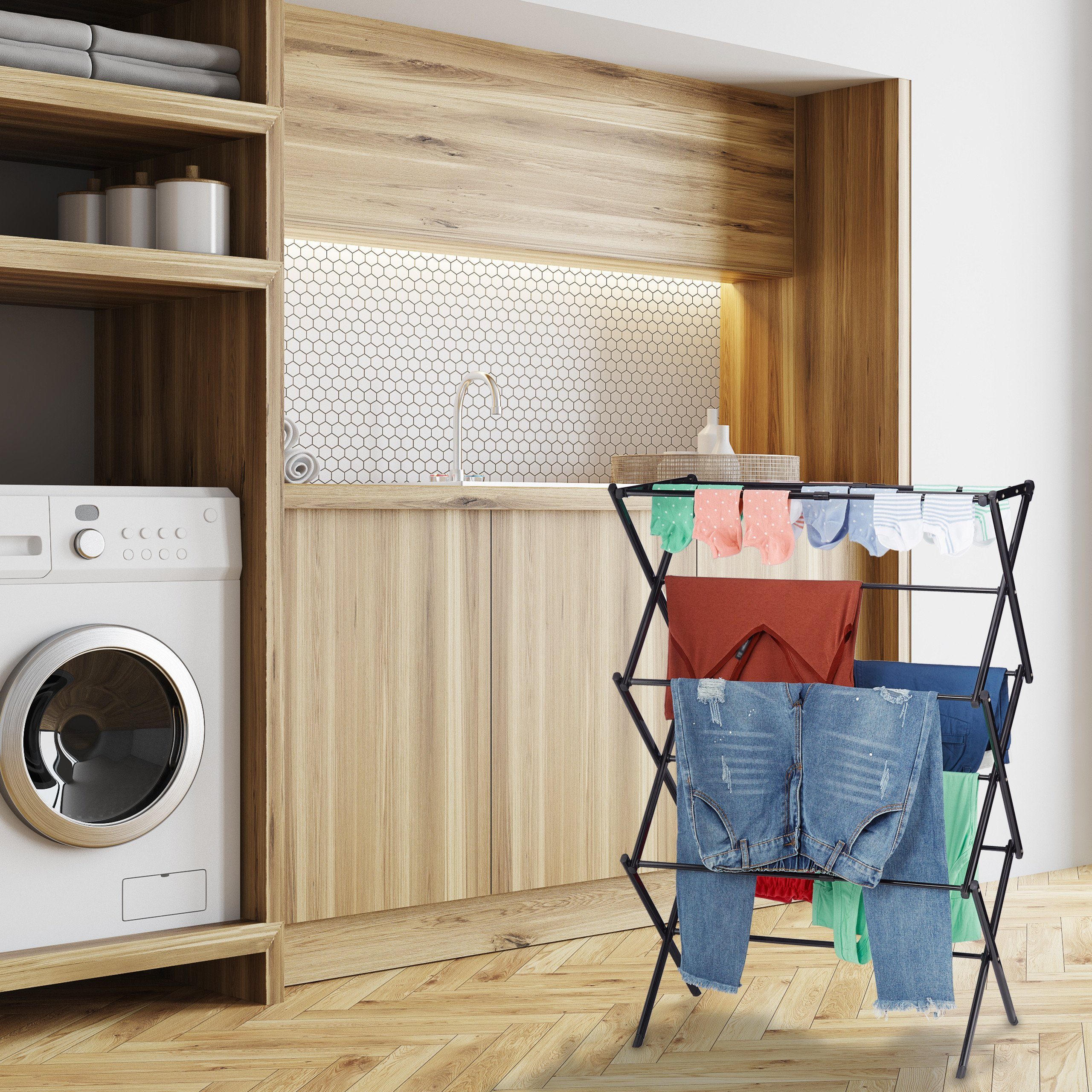 relaxdays Wäscheständer ausziehbar, Weiß & klappbar Schwarz Wäscheständer Weiß