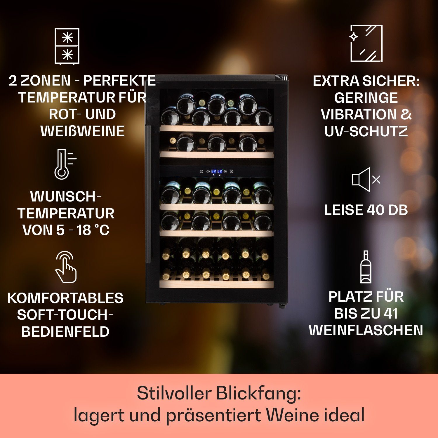 Klarstein Weinkühlschrank Barossa 40 Duo Weinkühl 2 Zonen 41 Fl 128L 5-18°C Touch LED 40 dB, für 41 Standardflaschen á 0,75l,2 Zonen Wein Flaschenkühlschrank Weintemperierschrank Weinschrank