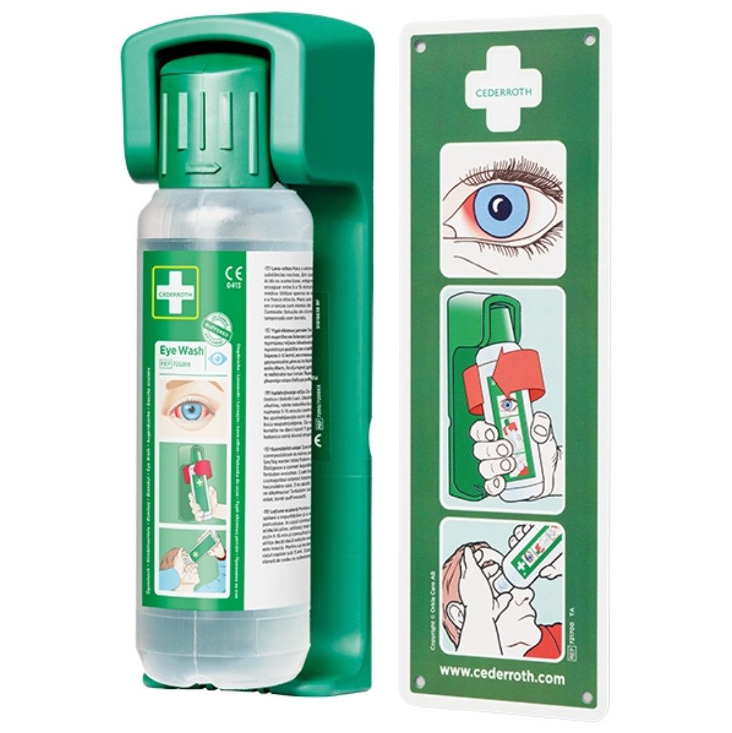 Cederroth Erste-Hilfe-Set Cederroth Wandhalterung für Augendusche ohne Flasche, (Sicherheits-Set zur Augenspülung, 1 St), Automatische Öffnungsfunktion, Nachleuchtende Anleitungstafel