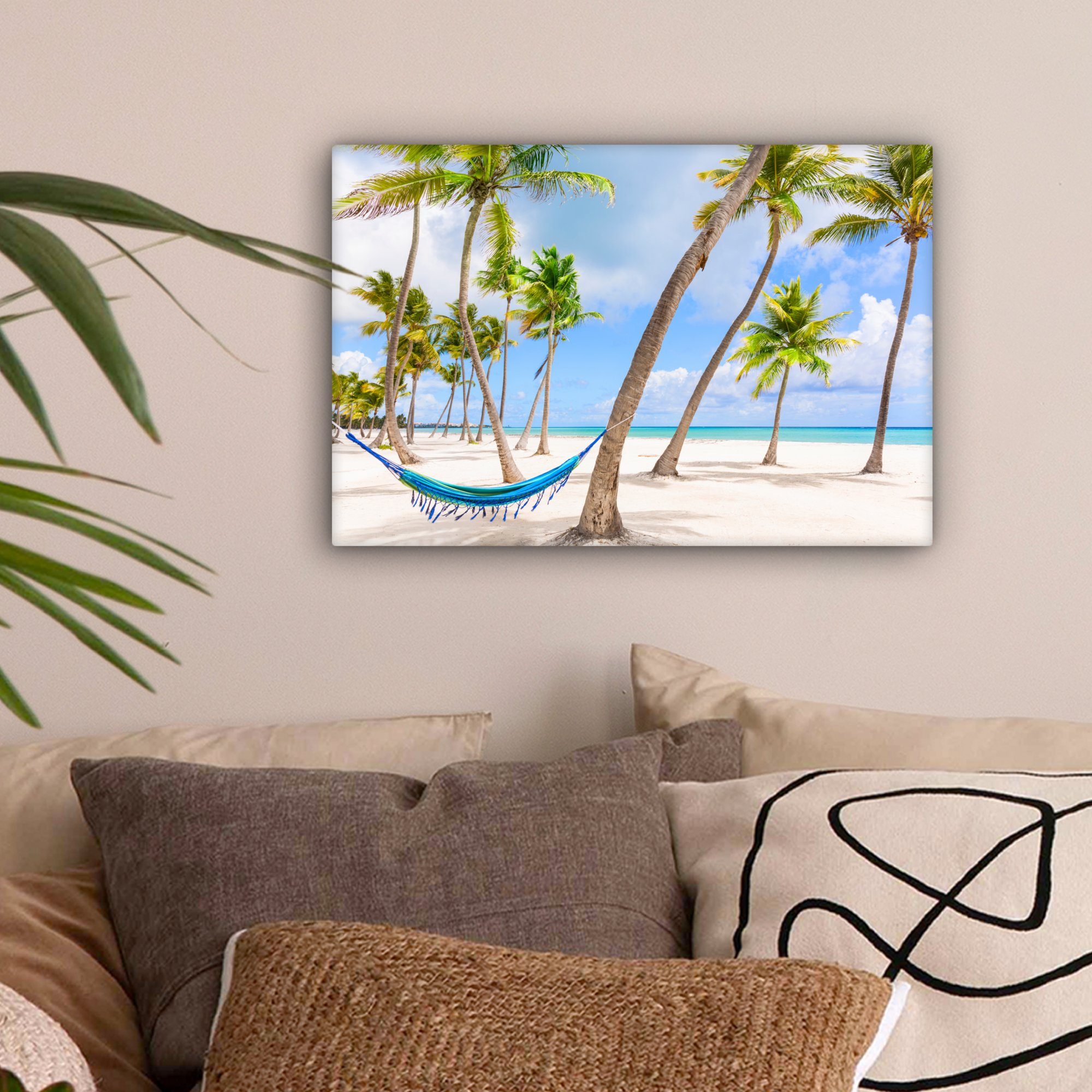 Palmen, Leinwandbild - Leinwandbilder, Strand 30x20 Wanddeko, Aufhängefertig, - cm Hängematte Wandbild OneMillionCanvasses® (1 St),