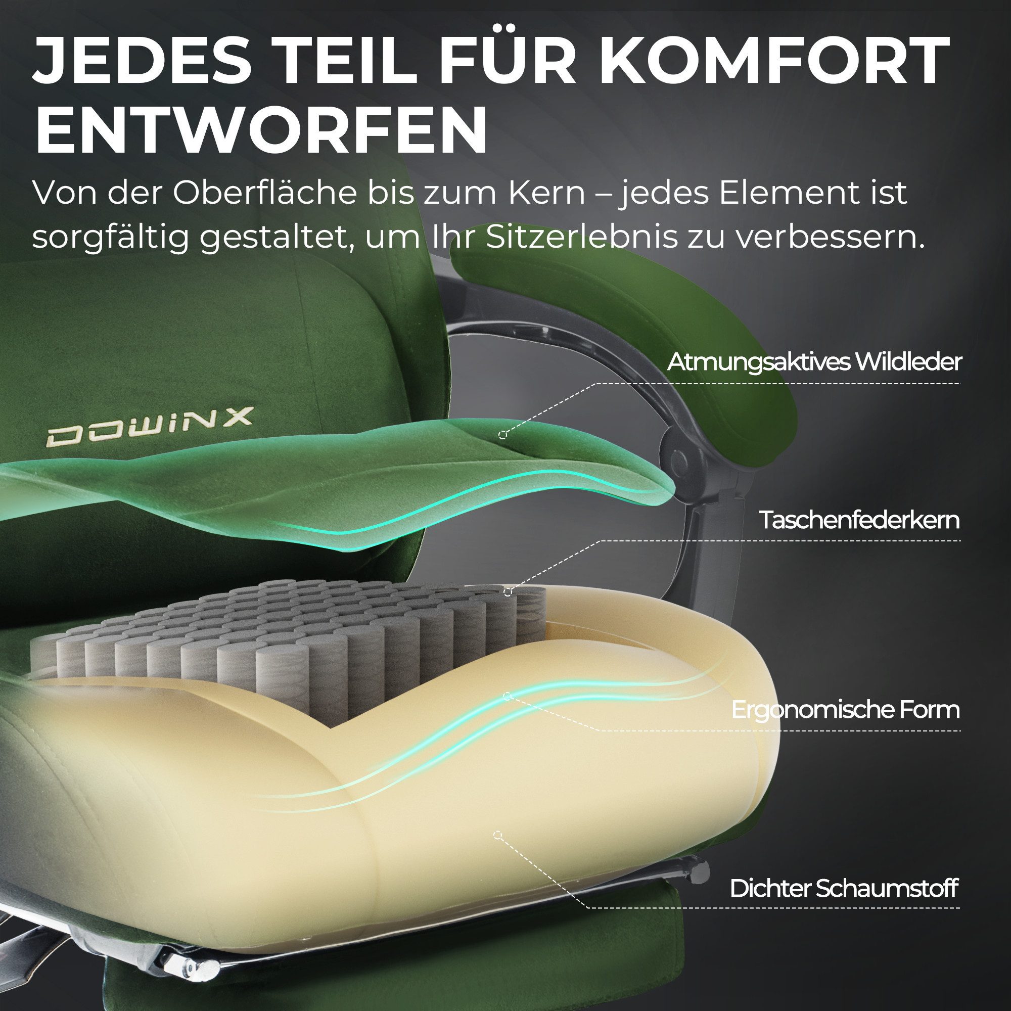 Dowinx Gaming-Stuhl Atmungsaktiver und Ergonomischer Bürostuhl aus Mikrofaser-Velours (Packung), Weiches Sitzgefühl, Verstellbarer Schreibtischstuhl mit Fußstüt – Bild 5 von 5