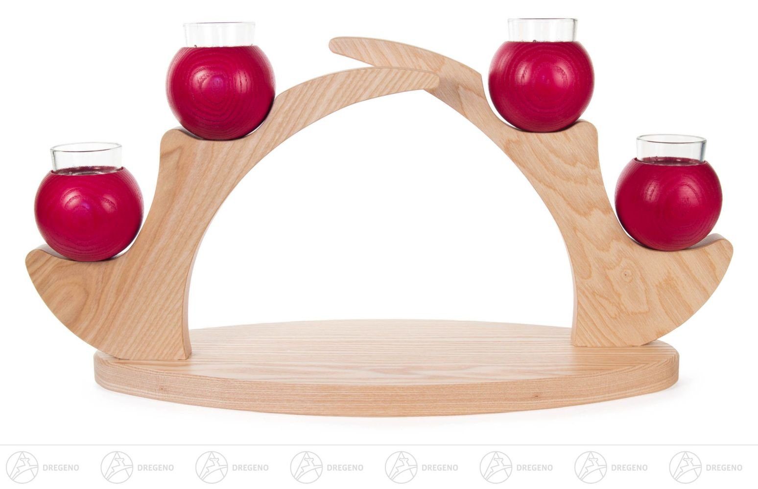 Dregeno Erzgebirge Kerzenhalter Tischleuchter für 4 Kerzen rot, aus Massivholz BxHxT 460 x 240 x 150m, schlichtes schönes Design