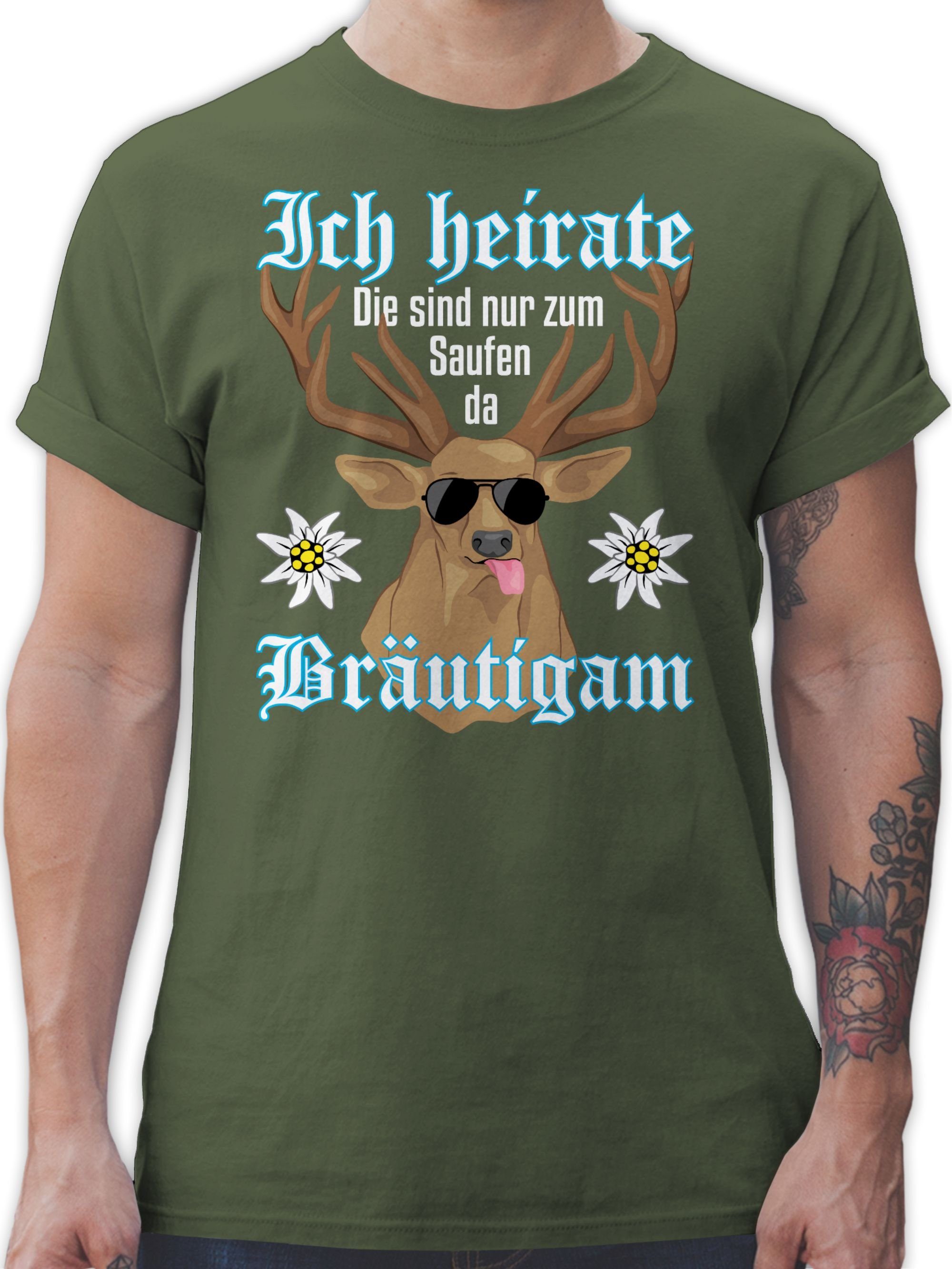 Shirtracer T-Shirt Bräutigam Hirsch - weiß JGA Männer 03 Army Grün