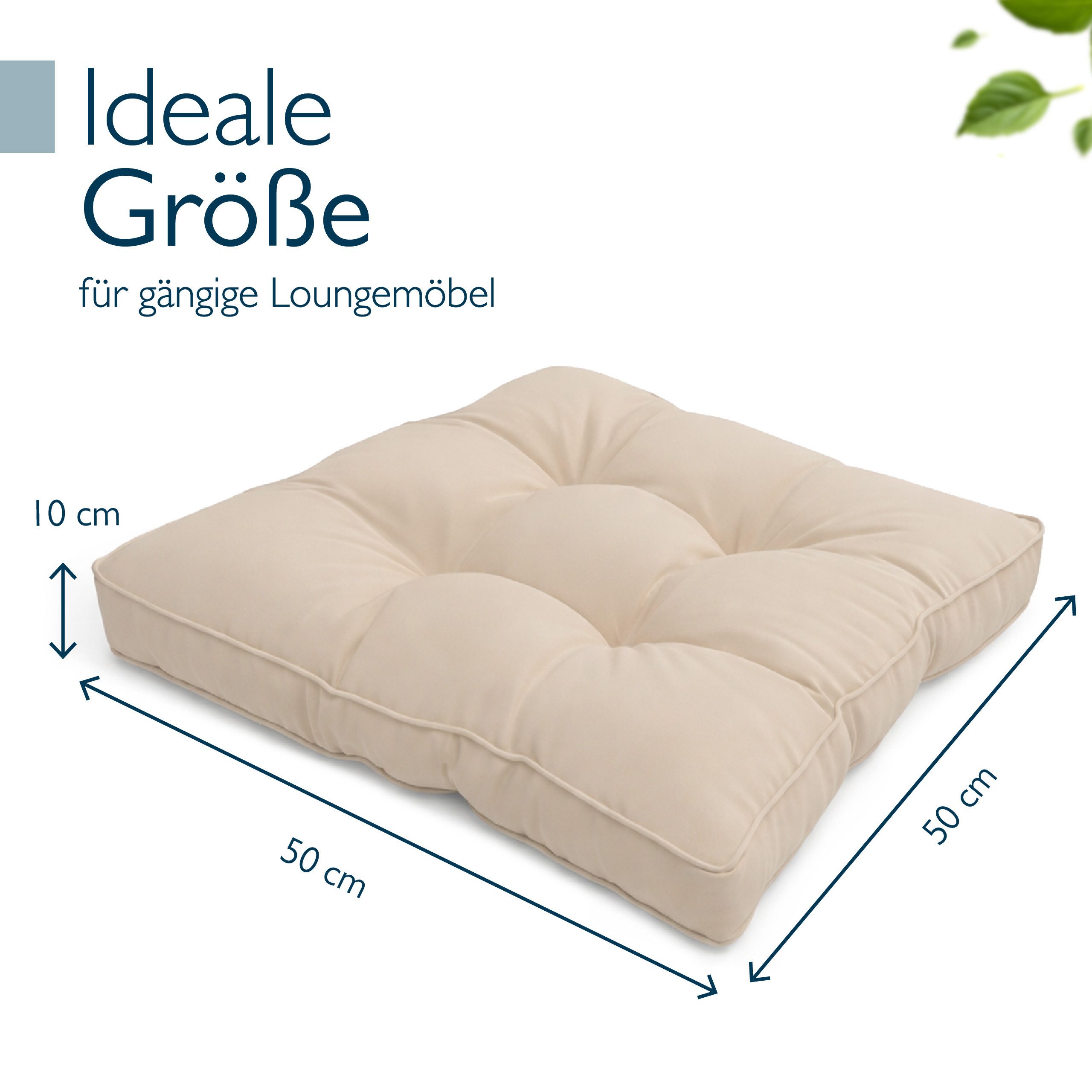 Beautissu Sitzkissen Lounge Kissen Outdoor Sitzkissen Flair LK, 50x50x10cm, Natur, 50x50x10 cm – Wetterfest Schmutzabweisend Polster für Gartenmöbel