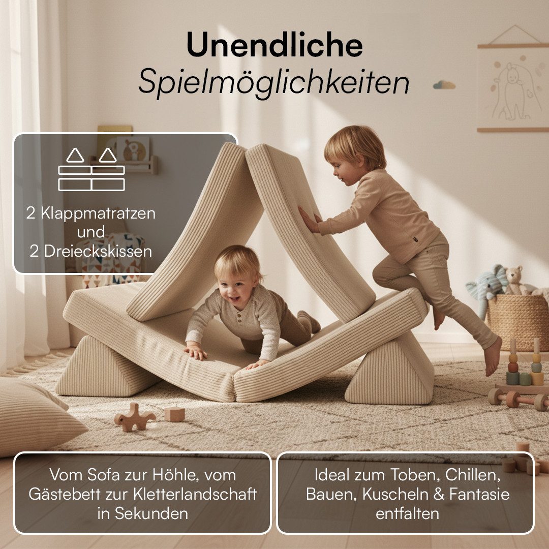 Bellabino Kindersofa Nile aus 4 Schaumstoff Teilen, Beige, Maxi-Variante, faltbare Kinderspielcouch, Cordbezug, abnehmbar, waschbar 160x52x75cm