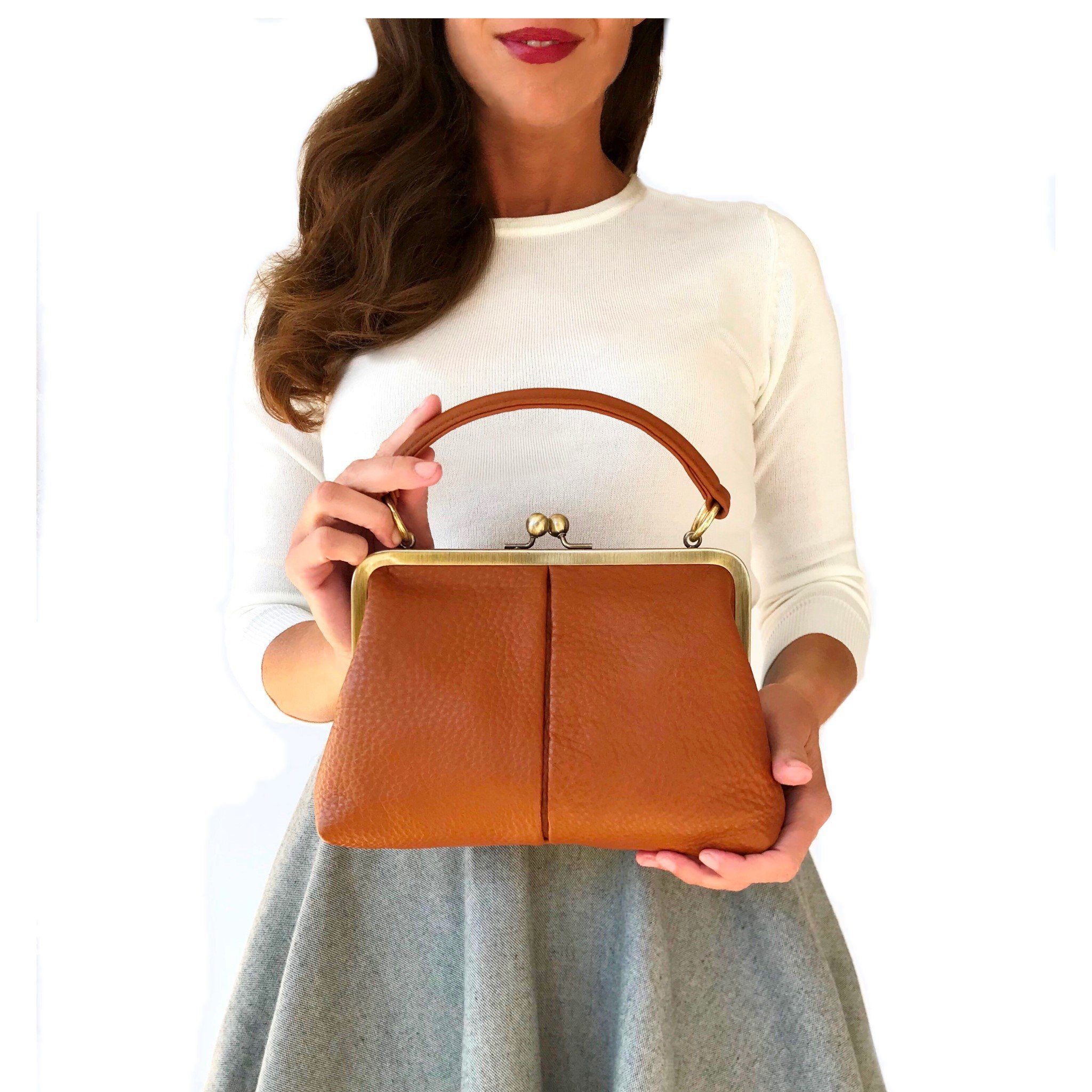 Taschenkinder Handtasche Damen Handtasche Leder "Kleine Olive", Umhängetasche, Vintage Stil., Echtleder Tasche mit Bügelverschluss