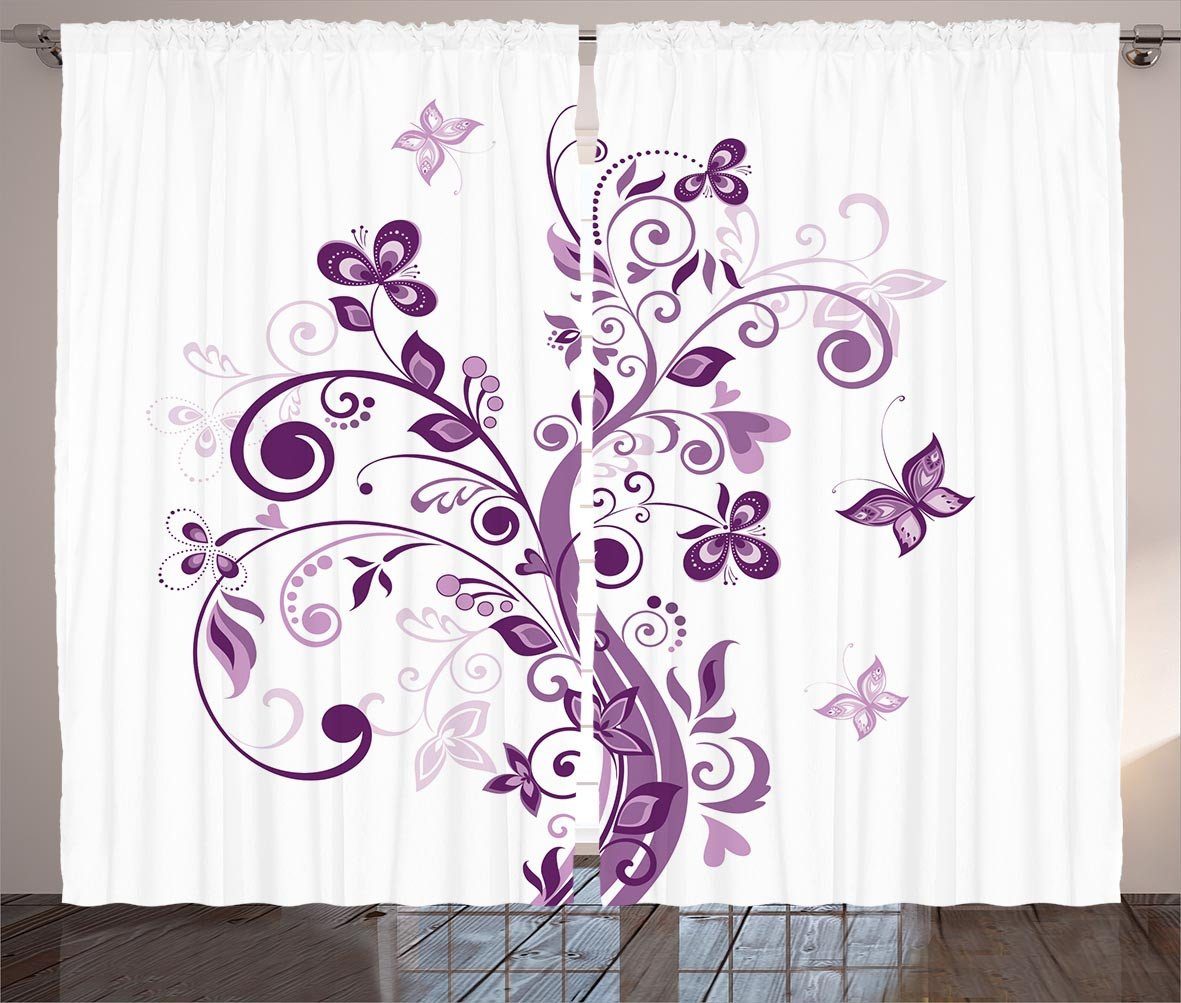 Gardine Schlafzimmer Kräuselband Vorhang mit Schlaufen und Haken, Abakuhaus, Mauve Blumen Blatt Butter