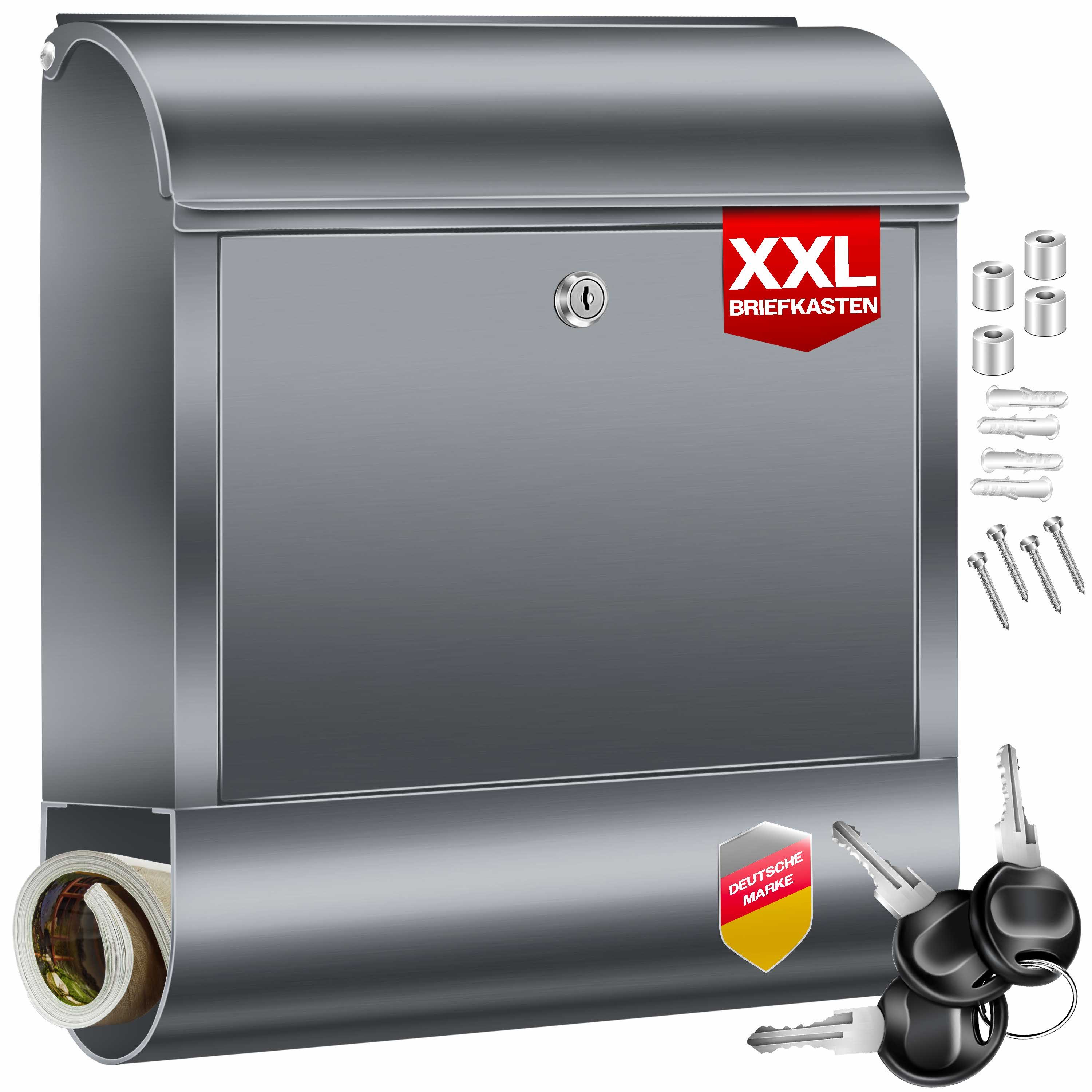 KESSER Briefkasten XXL Wandbriefkasten aus Edelstahl mit Zeitungsfach & 3 Schlüssel, Wandmontage, abschließbar, inkl. Montagematerial