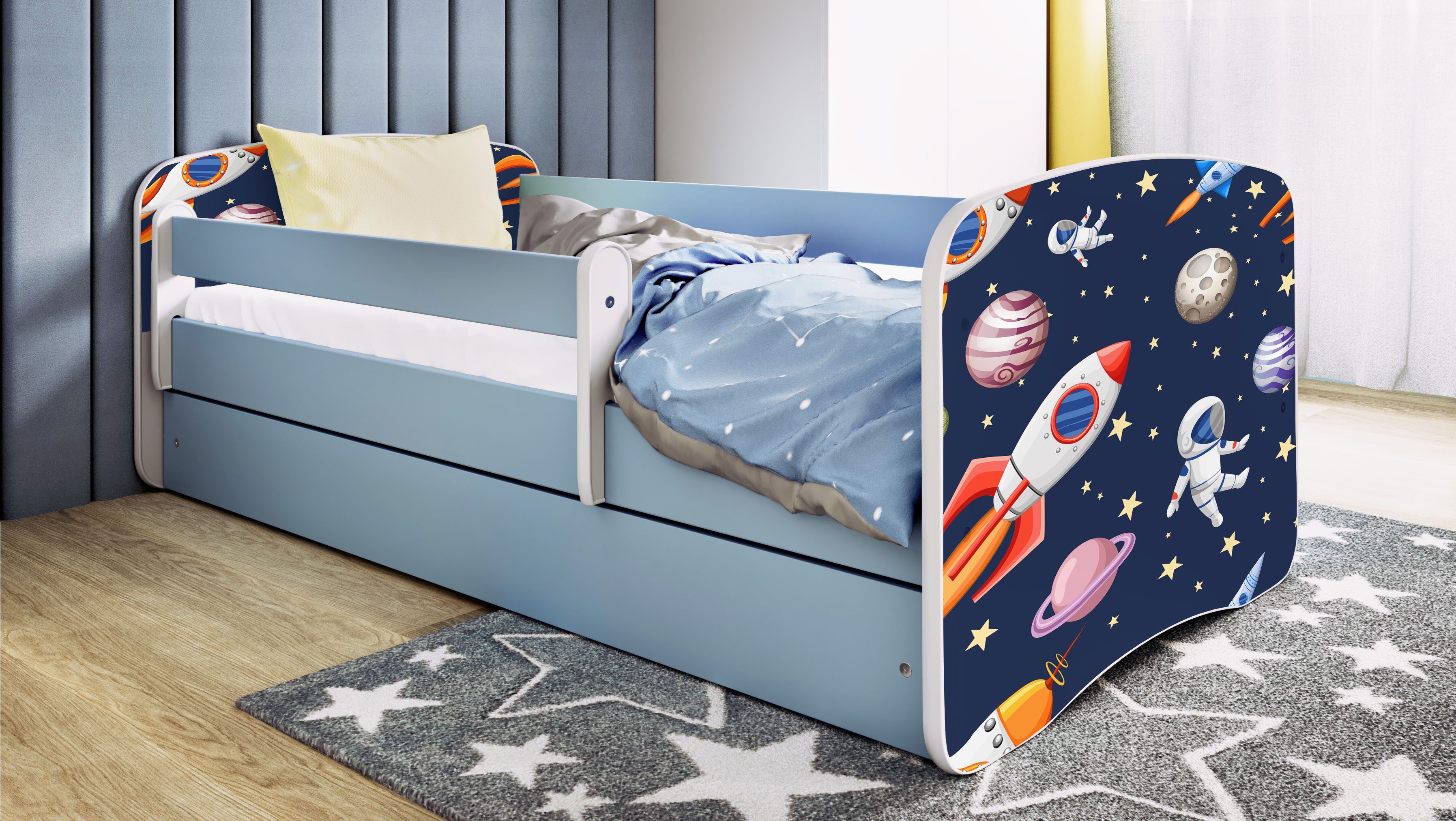 Raumhirsch Furniture Kinderbett 70x140, 80x160, 80x180 cm - Komplettset mit Matratze & Schublade (Bett für Jungs, Einzelbett für Kinder 2–12 Jahre mit Rausfallschutz), verschiedene Farben & Designs