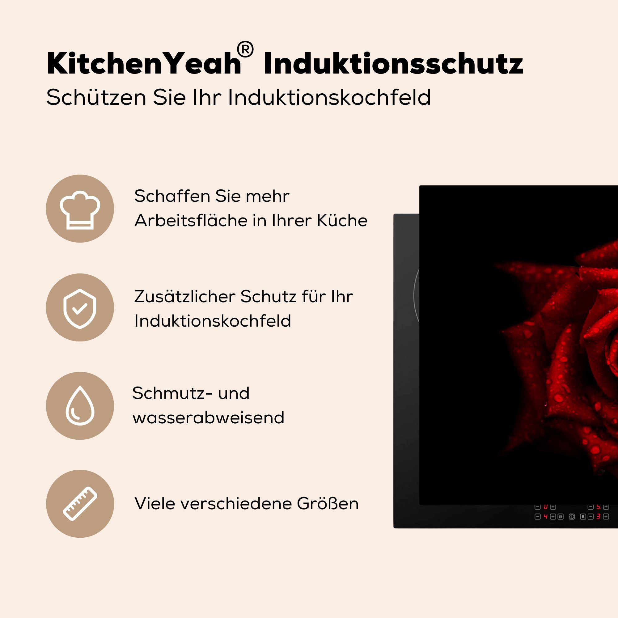 MuchoWow Herdblende-/Abdeckplatte Schutz Hintergrund, die feuchten vor 71x52 Rosenblüten Die Vinyl, cm, schwarzem für tlg), (1 küche, Ceranfeldabdeckung Induktionskochfeld