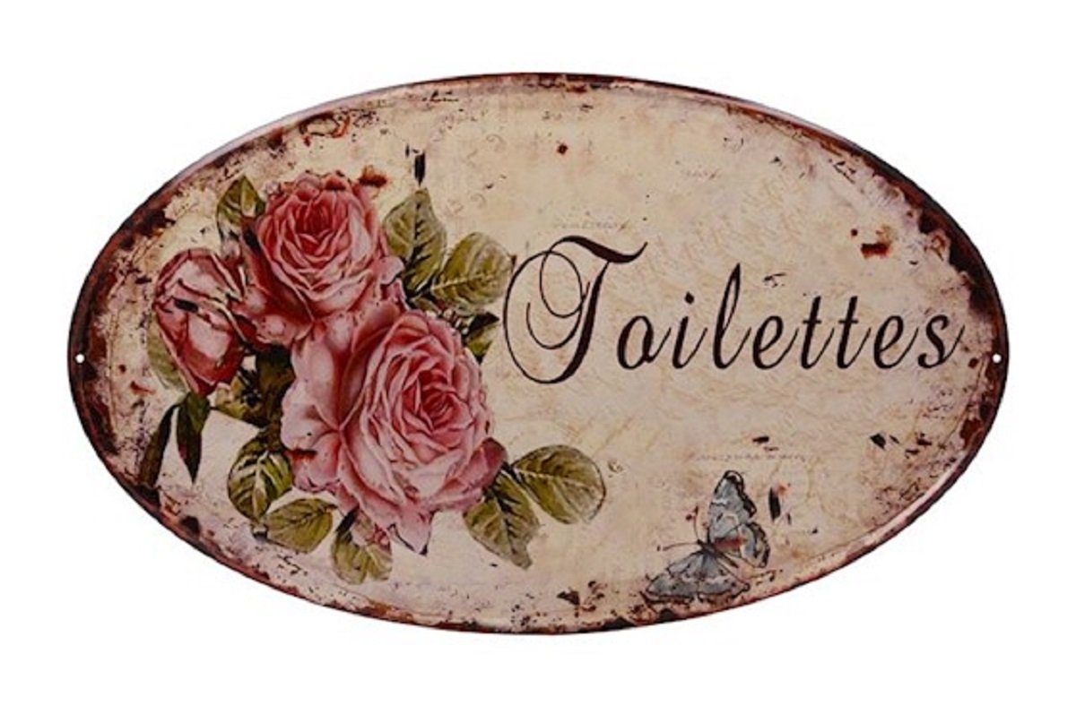 Linoows Metallschild Blechschild, Reklameschild, Wandschild, Schild, Toilette mit Rosenblüten, Oval 33x55 cm