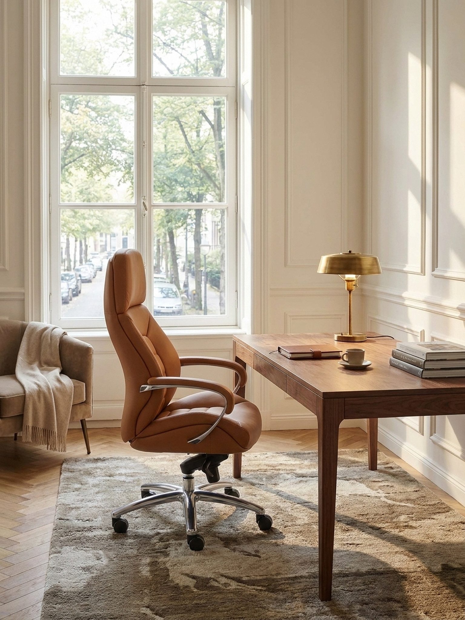 KADIMA DESIGN Chefsessel Designer Bürostuhl Bezug Echtleder Caramel Schreibtischstuhl bis 120 (kg, XXL Design Chefsessel höhenverstellbar, Drehstuhl ergonomisch mit), Armlehnen & hoher Rückenlehne, Wippfunktion