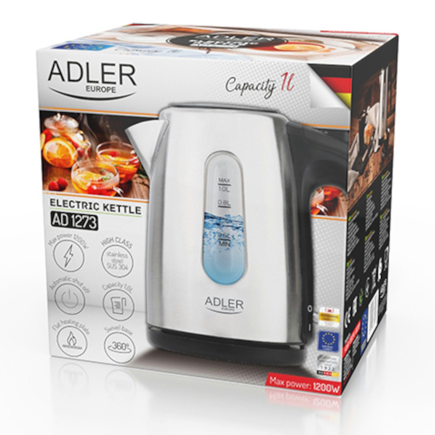 1200W 1630,00 W, 1L AD Adler l, 1 Edelstahl 1273, Wasserkocher Wasserkocher