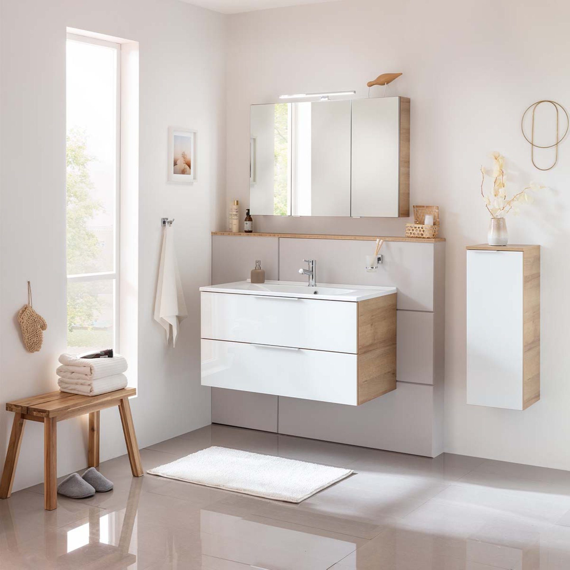 FACKELMANN Badmöbel-Set B. BRILLANT Badmöbel Set 3-teilig 100 cm, LED-Spiegelschrank