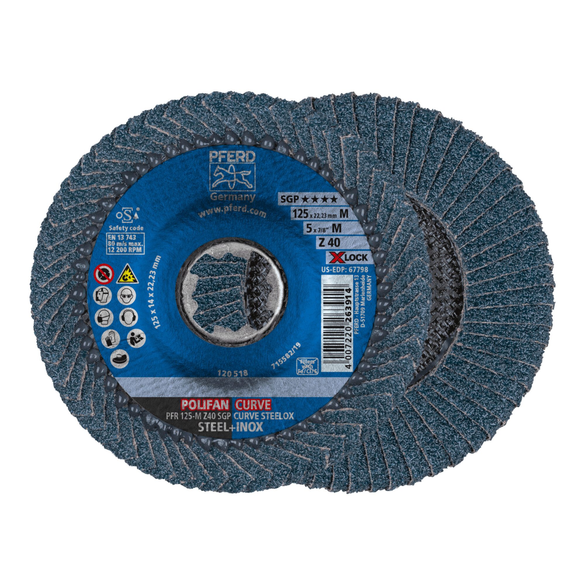 Pferd Schleifscheibe PFERD TOOLS POLIFAN CURVE Fächerscheibe PFR 125 mm X-LOCK Breite M Z40
